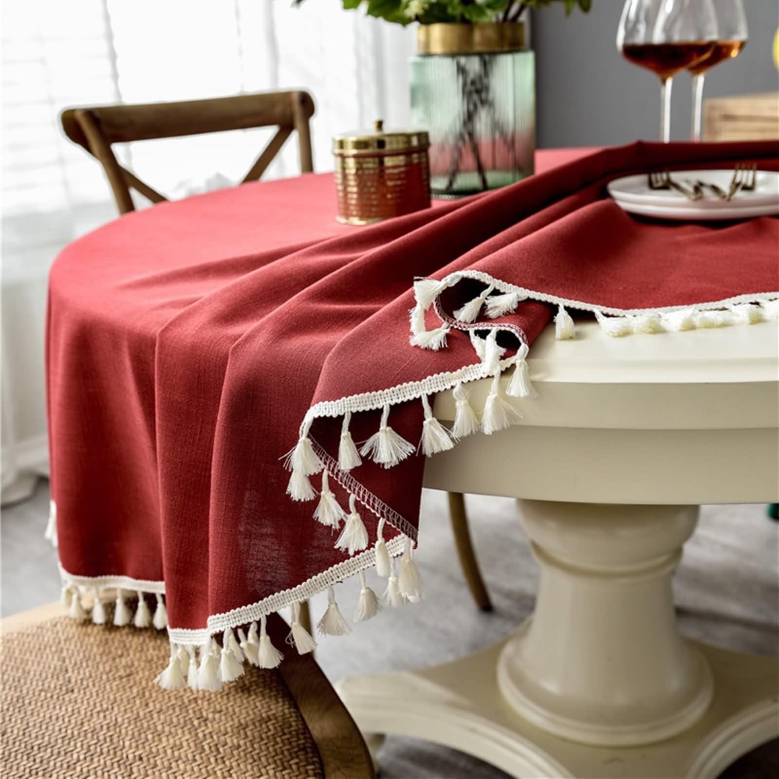 Nappe Anti Tache Ronde 260 cm, Nappe Table Basse Polyester 6-8 Personnes Rouge Uni avec Pompons