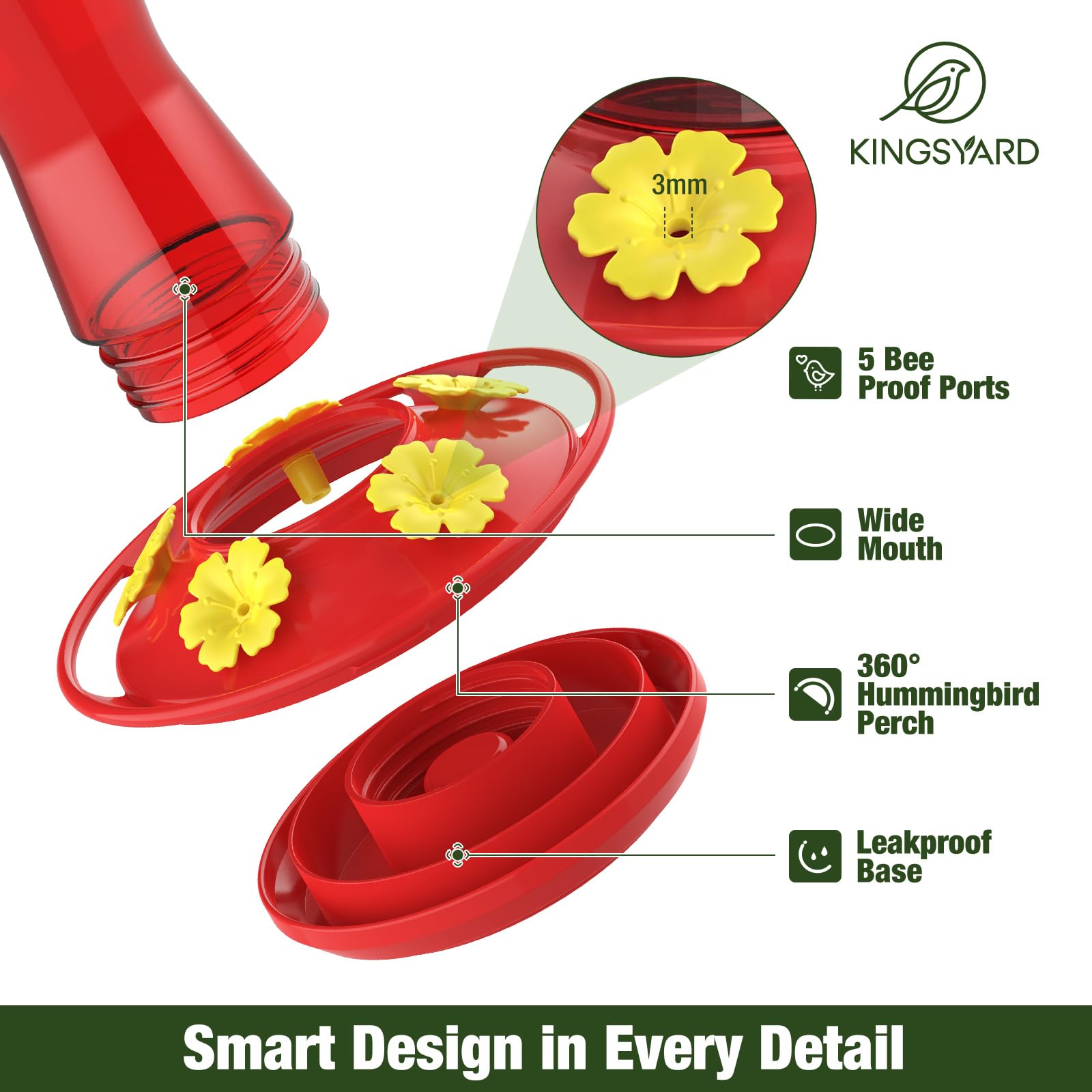 Kingsyard Glass Hummingbird Feeder for Outdoors Hanging, 10 oz Leak-Proof Humming Bird Feeders with Ant Moat & Bee Proof Feeding Ports, Hummingbird Gift for Bird Lovers (Red) - 4