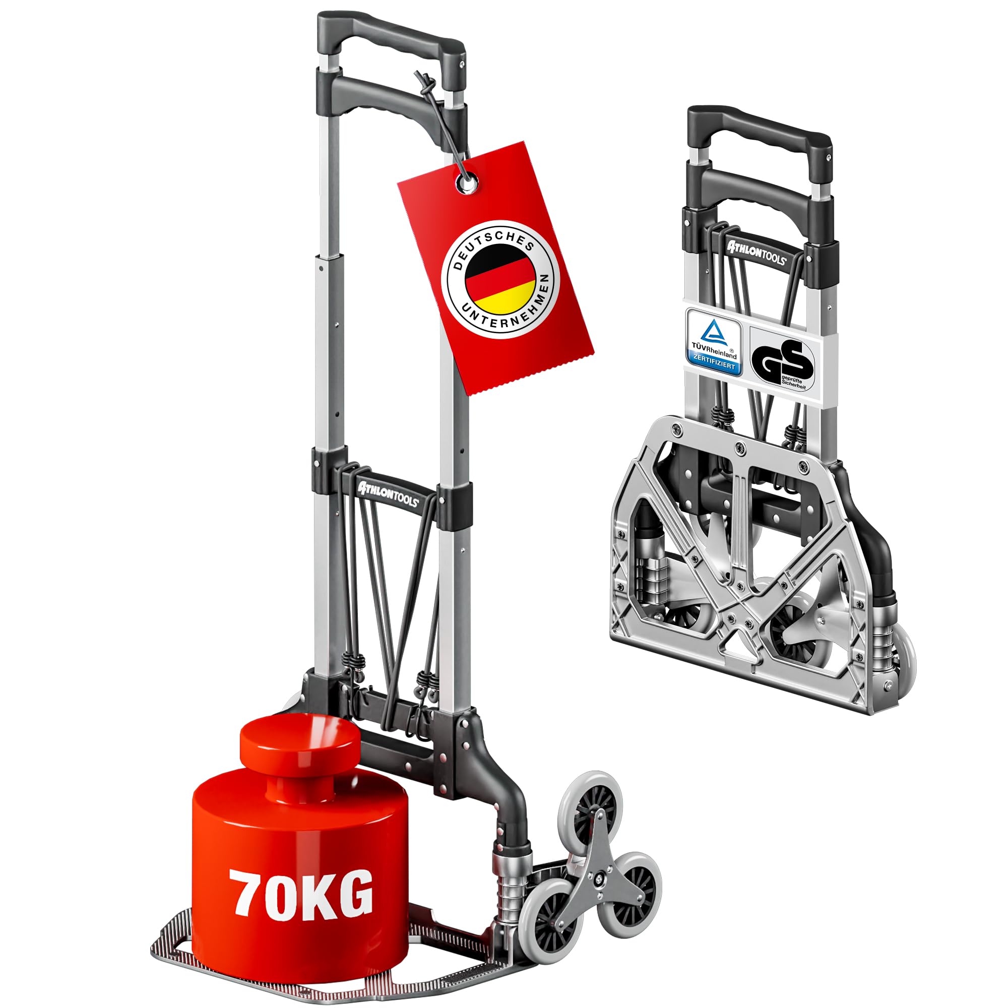 ATHLON TOOLS Treppensteiger Sackkarre klappbar TÜV geprüft – Profi Treppensackkarre aus Aluminium leicht - Extra Langer Griff 110cm & Ladefläche mit Anti Rutsch Pads - Transporthilfe für Treppen