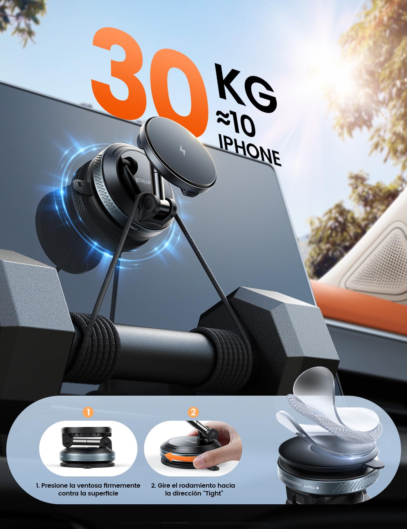 Lamicall 15W Cargador Inalámbrico Coche para MagSafe - [30KG Succión Fuerte] Magnético Soporte Cargador Movil Coche con Ventosa de Vacío, Fuerte Imán, para iPhone Series 17 16 15 14 13 12