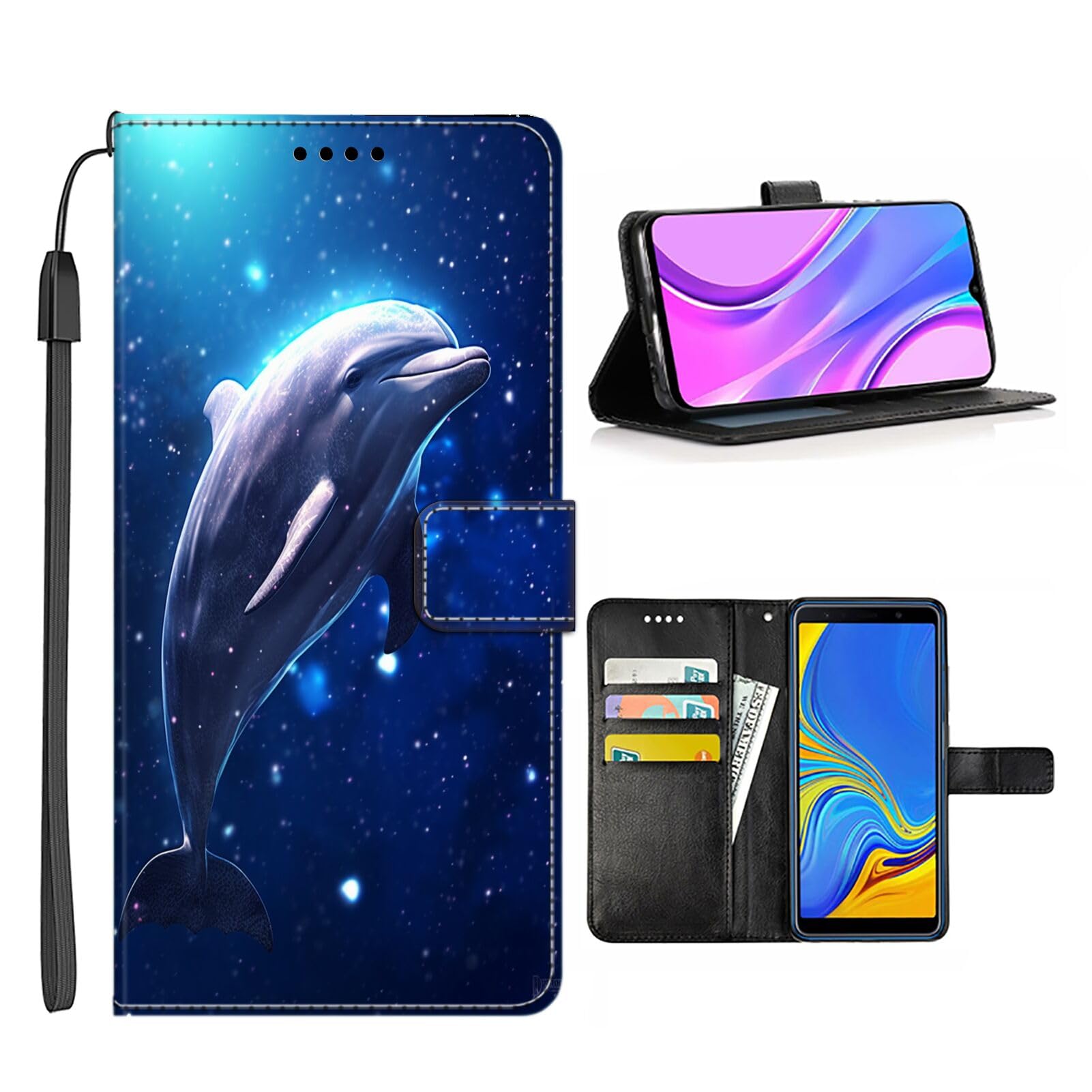 ZHONGWEI Wallet Phone Case for Google Pixel 3 PU Leather Card Holder Dolphin-aa136 Pattern Design with Kickstand Flip Cover and Wrist Strap