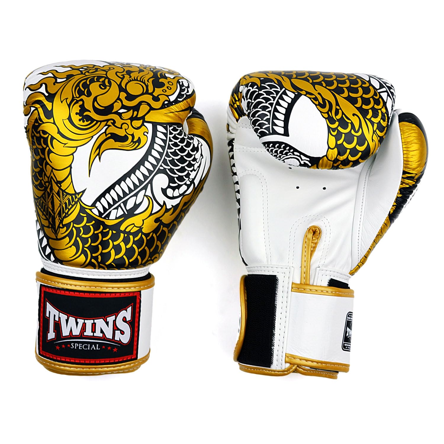 Twins Special FBGVL4 Printed Design Leather Boxing Gloves, Hook & Loop Closure, For Muay Thai, Boxing, Kickboxing & MMA Training & Sparring (Nagas White/Gold, 10oz) — image 1