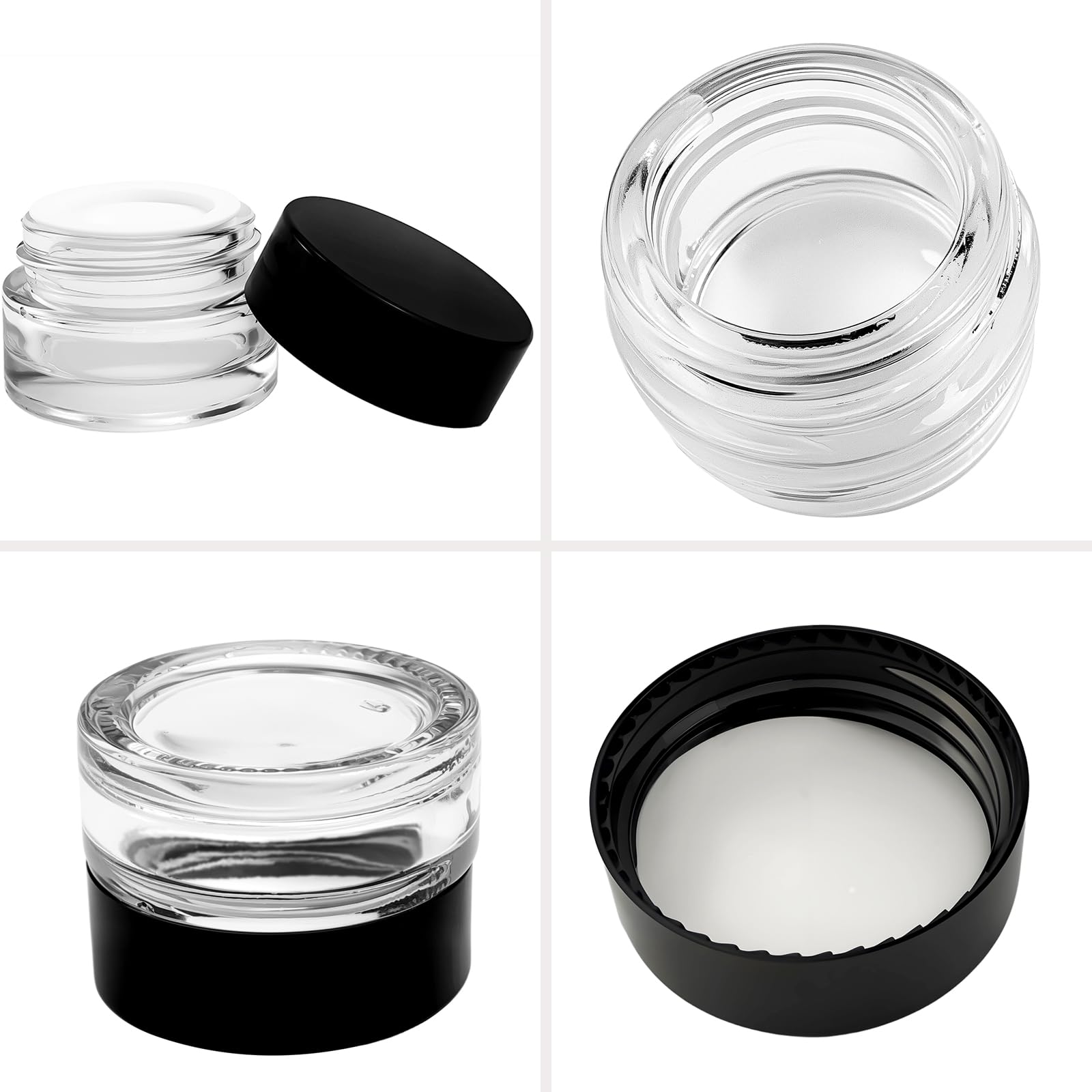 90 Stück 5 ml kleine transparente Gläser mit schwarzem Deckel und Löffeln, leere Glas-Kosmetikbehälter, Großpackung mit Einsatz, luftdichte Cremeflasche für Beauty-Produktproben, Reisen
