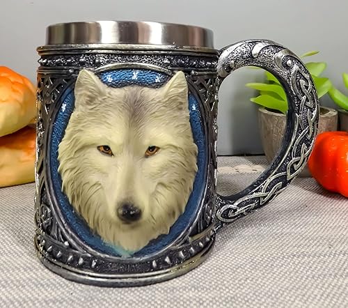 Miniatura 5 de Ebros Gift Taza de resina mágica tribal celta de lobo gris alfa de 16 onzas con borde de acero inoxidable para café, té, cereales, bebidas, fiesta