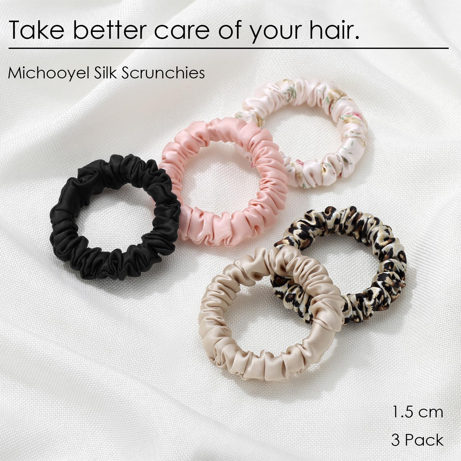 Michooyel 3Pack Mini Małe Jedwabne Scrunchies Do Włosów 100% Czyste Jedwabne Krawaty do Włosów z Mulberry, Elastyczne uchwyty na ogon koni, Krawaty do włosów bez uszkodzeń 1,5 cm