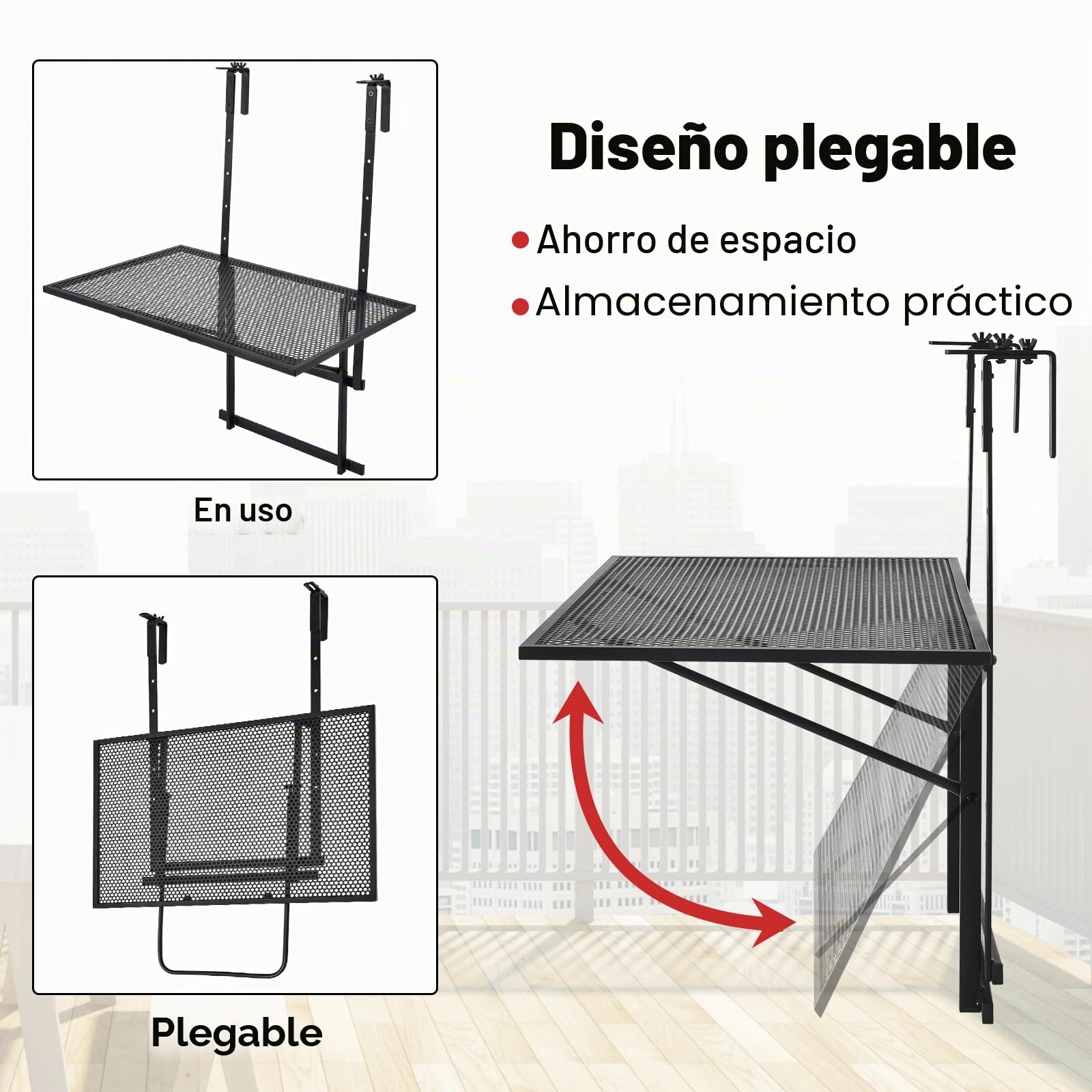 KOMFOTTEU Mesa de Balcón Colgante, Mesa Auxiliar Plegable de Metal con Carga 20/23 kg, Mesa de Pared para Exterior e Interior, 60,5 x 48 cm, Negro (Altura Ajustable)