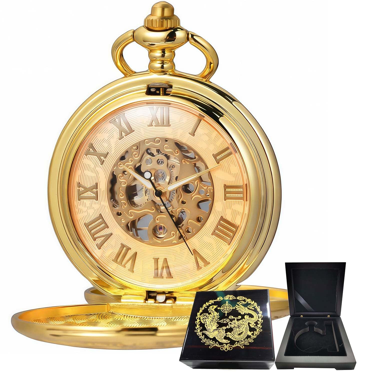 - Mechanical Roman Numerals Dial Skeleton Pocket Watches with Box and Chains for Mens Women
