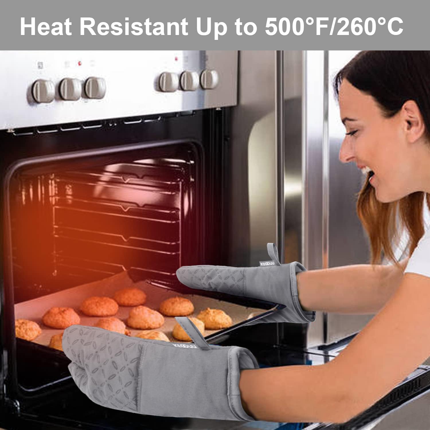 KEGOUU Juego de 6 manoplas de horno y soportes para ollas, guantes de cocina de alta resistencia al calor, guantes de horno extralargos de 500 grados y agarradera con superficie de silicona