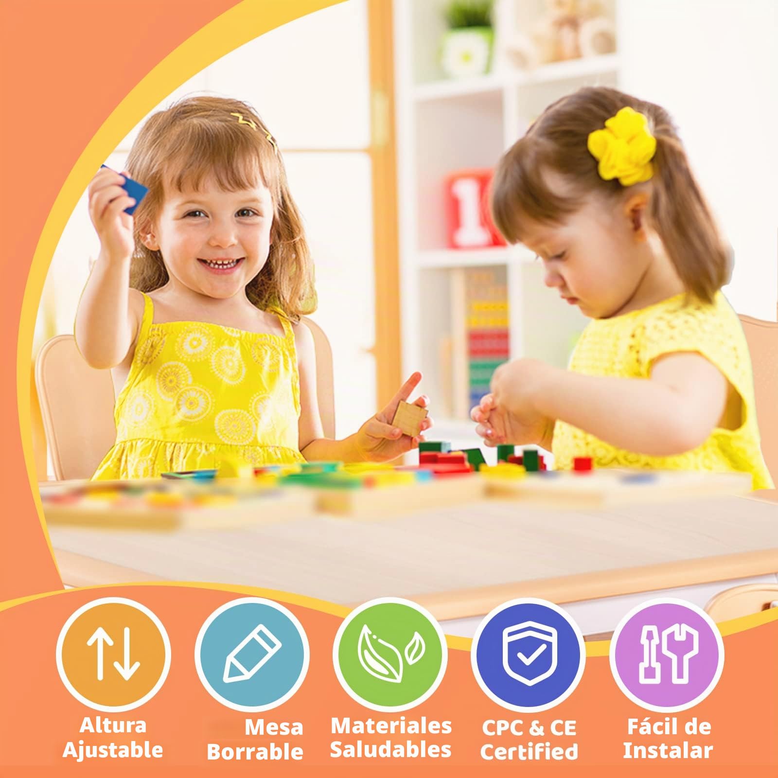 FUNLIO Mesa Infantil con 2 Sillas para Niños de 3 a 8 años, Mesa Niños Infantil de Altura Ajustable, Escritorio Niño Fácil de Limpiar, para Aulas/Hogares, Aprobado por CPC y CE (3 Piezas)