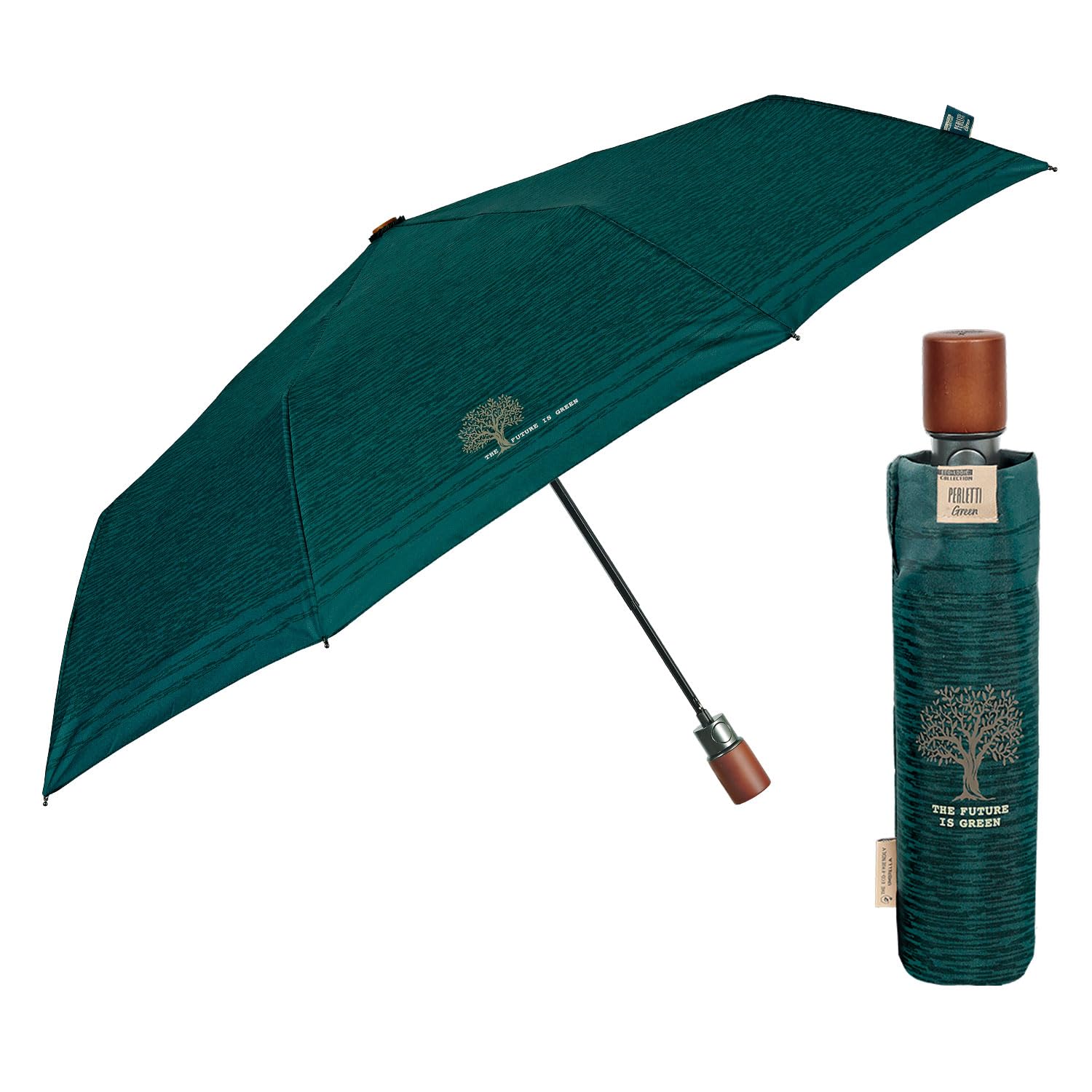 PERLETTI GREEN Składany Parasol Męski Automatyczny Przyjazny Środowisku - Parasolka Organiczna Ekologiczna Uchwyt z Drewna - Kompaktowe Małe Parasole Wiatroodporne - Średnica 96 cm
