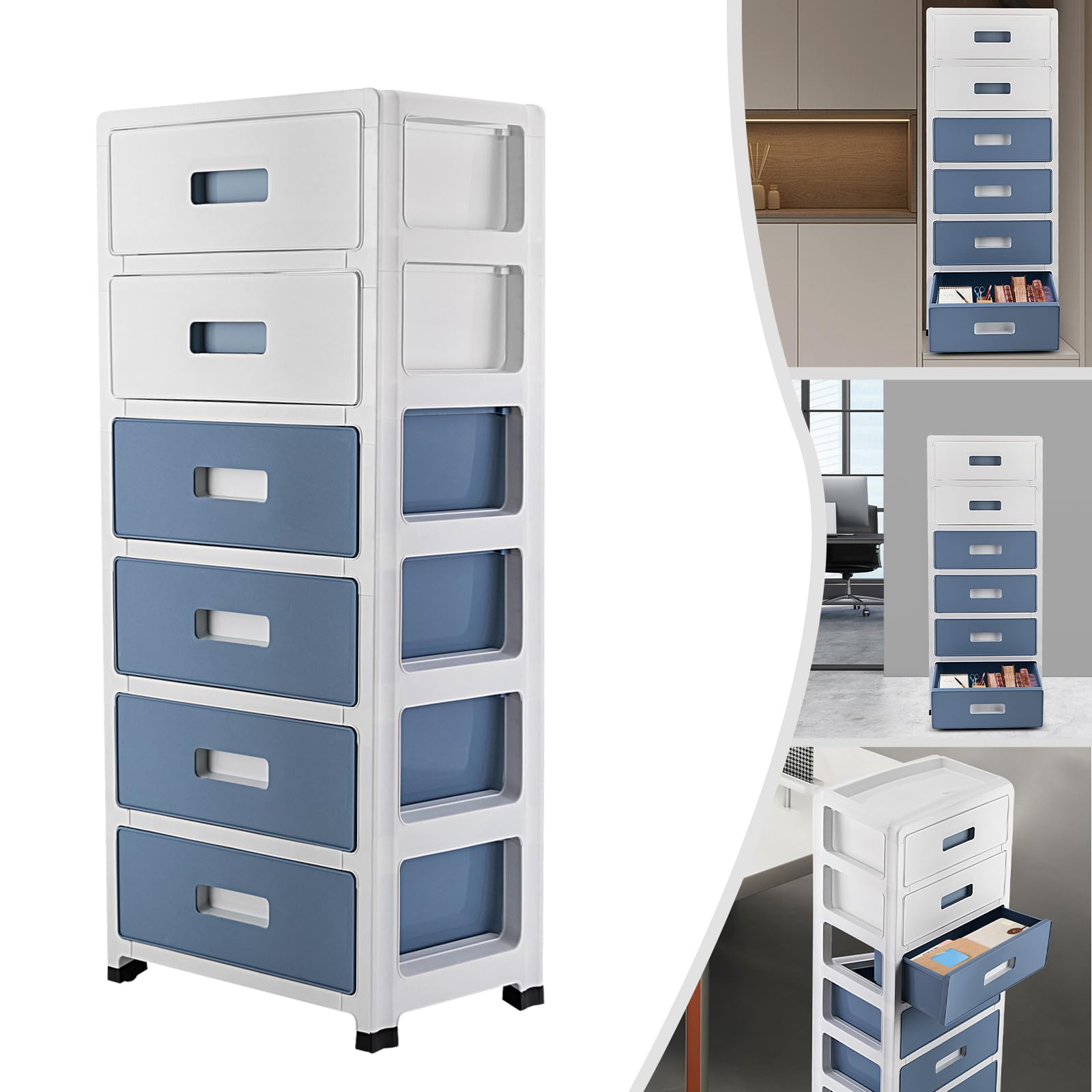 Cassettiera a 6 ripiani, in plastica con ruote, con cassetti, organizer da scrivania, 35 x 26 x 83,5 cm, sistema di stoccaggio in plastica, colore: blu/bianco