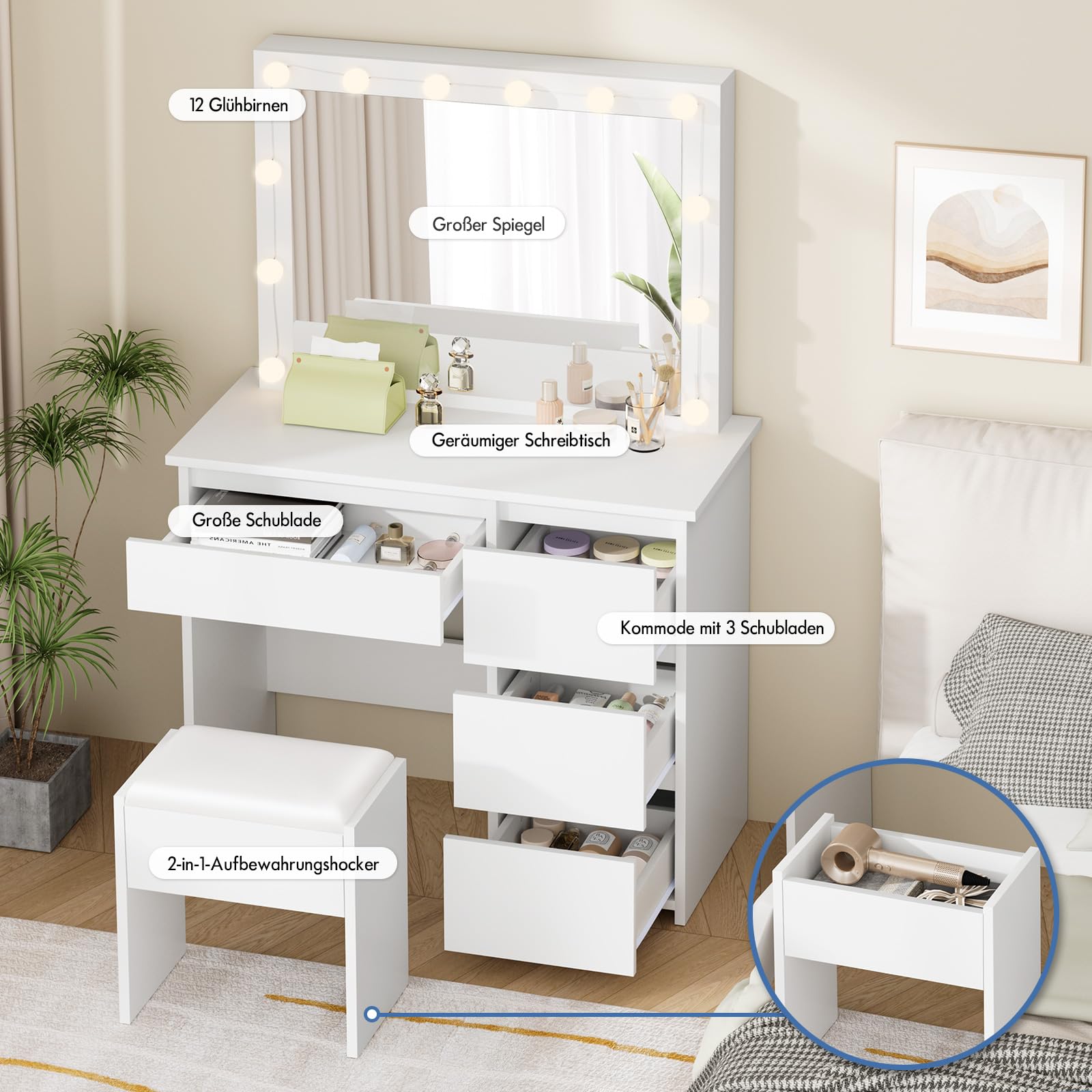 ALFORDSON Schminktisch Spiegel, Makeup Vanity 4 Schubladen und Aufbewahrungshocker, 90 cm Lange Schreibtischplatte, verstellbare LED-Leuchten, Schlafzimmer-Frisiertisch Frauen Mädchen,Weiß