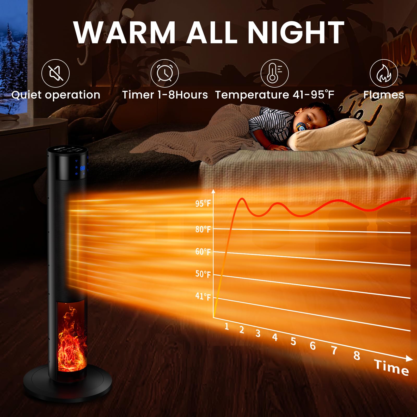 Calentador de espacio portátil de 1500 W con chimenea, cerámica PTC oscilante de 70°, termostato ajustable de 33.5 pulgadas, protección contra sobrecalentamiento y vuelco, calentamiento rápido 7