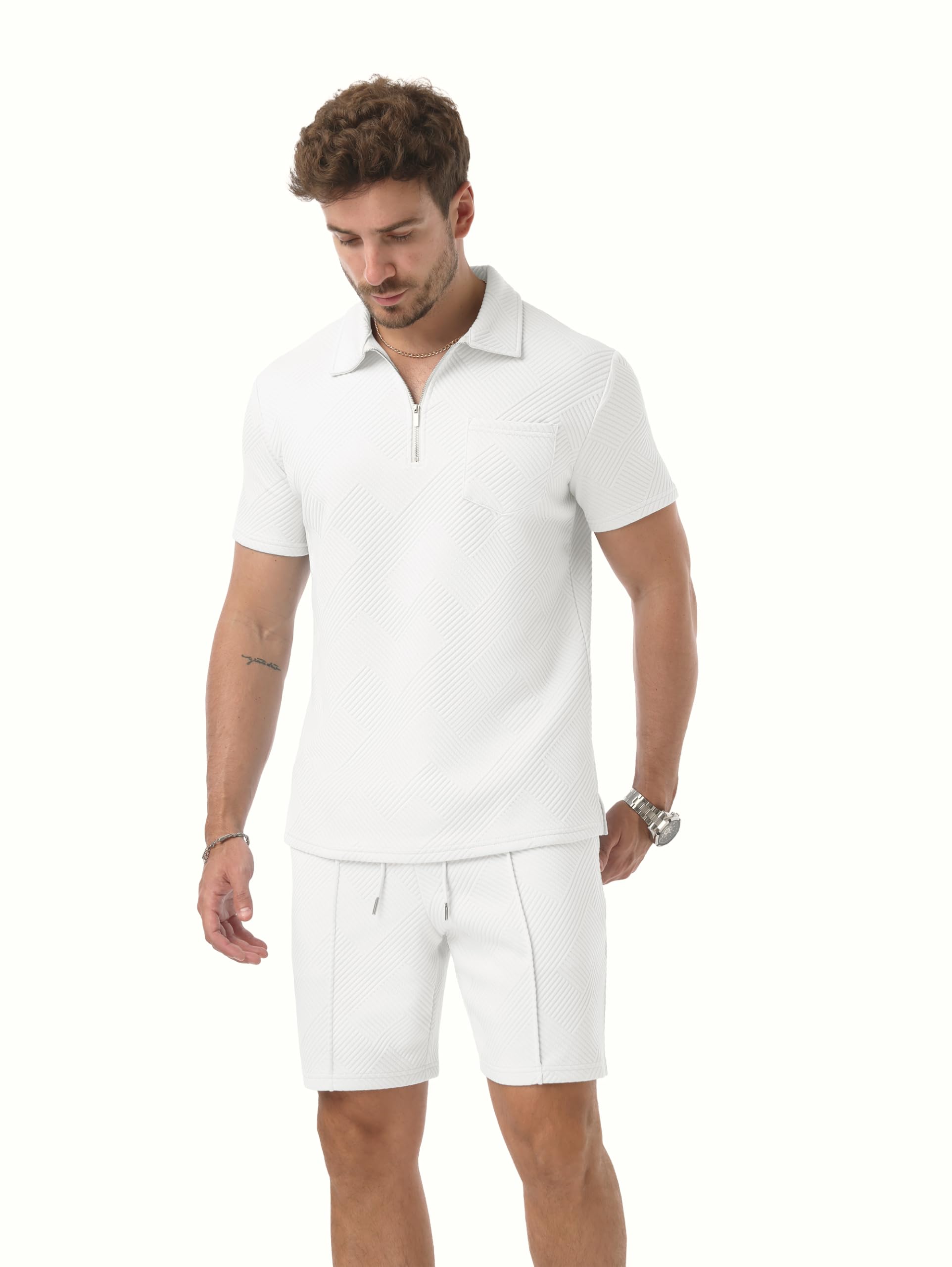 QIXING Herren Sommer Outfit 2-Teiler Polo Hemd & Shorts Set Halbreißverschluss Freizeit Anzug Kurz 2026