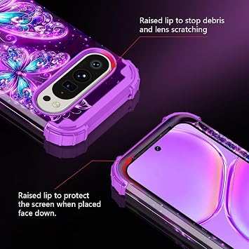 Miqala Google Pixel 9 Pro XL ケース、暗闇で光る 3層 高耐久 耐衝撃 フルボディ 保護 ハードプラスチックバンパー+ソフトシリコンケース Google Pixel 9 Pro XL用、ブライトパープル