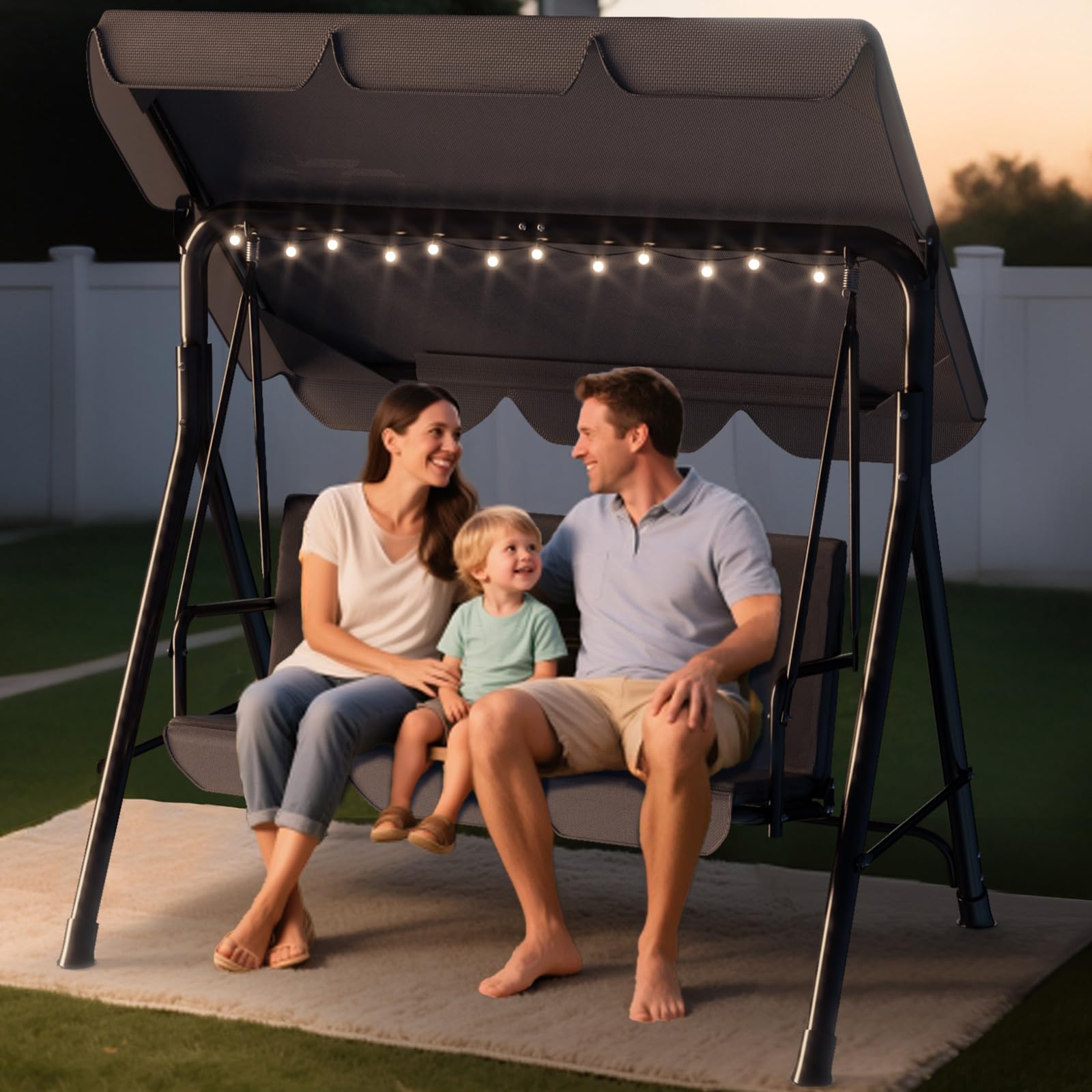 Soontrans Balancelle 3 places Hollywood, moment de famille en toute légèreté, balancelle de jardin avec toit et structure en acier & assise rembourrée, capacité de charge jusqu'à 200 kg, en acier (175