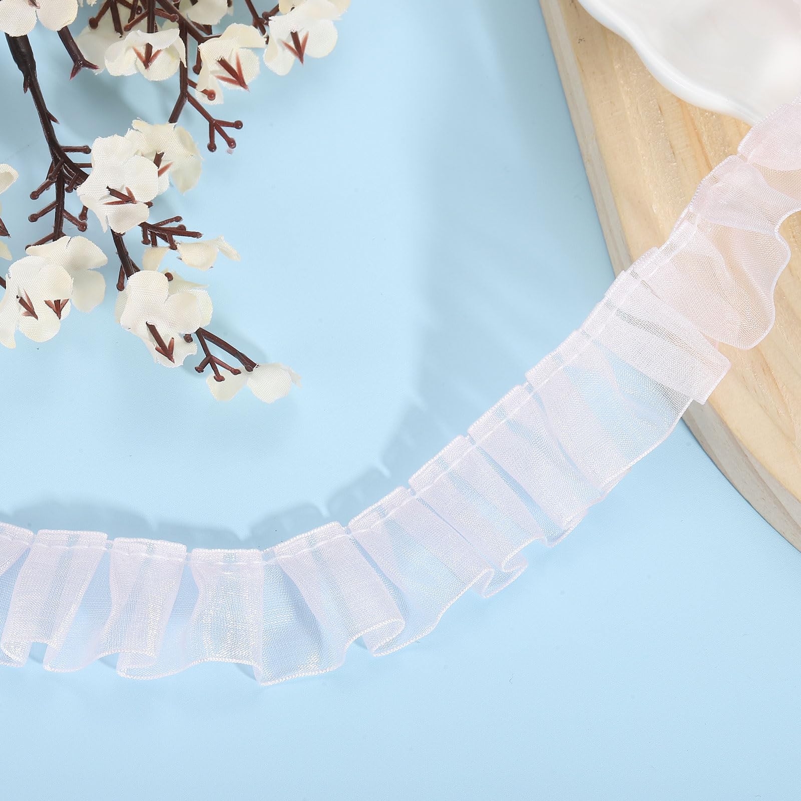 Sourcing Map 11 Yards Ruffle Lace Trim Ribbon, 2.5cm/1" Pleated Organza Lace Edge Trim, Soft Polyester, Light Pink, Classic Vintage Style, Formal Occasion