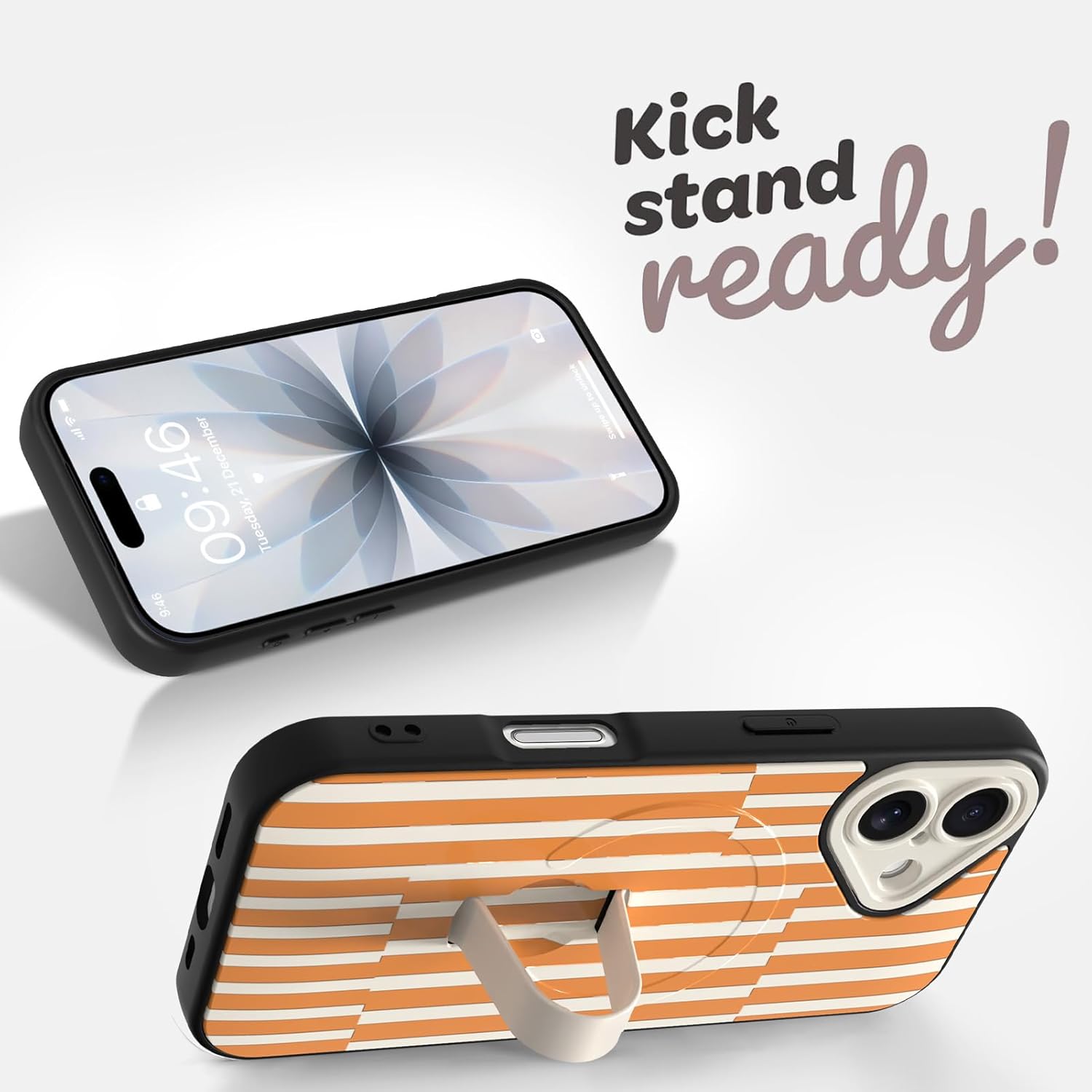 Magnetic for iPhone 17 Case with Finger Strap Stand, Compatible with Magsafe, Trendy Striped Phone Case for Women Men Slim Shockproof Cover for 17, Orange