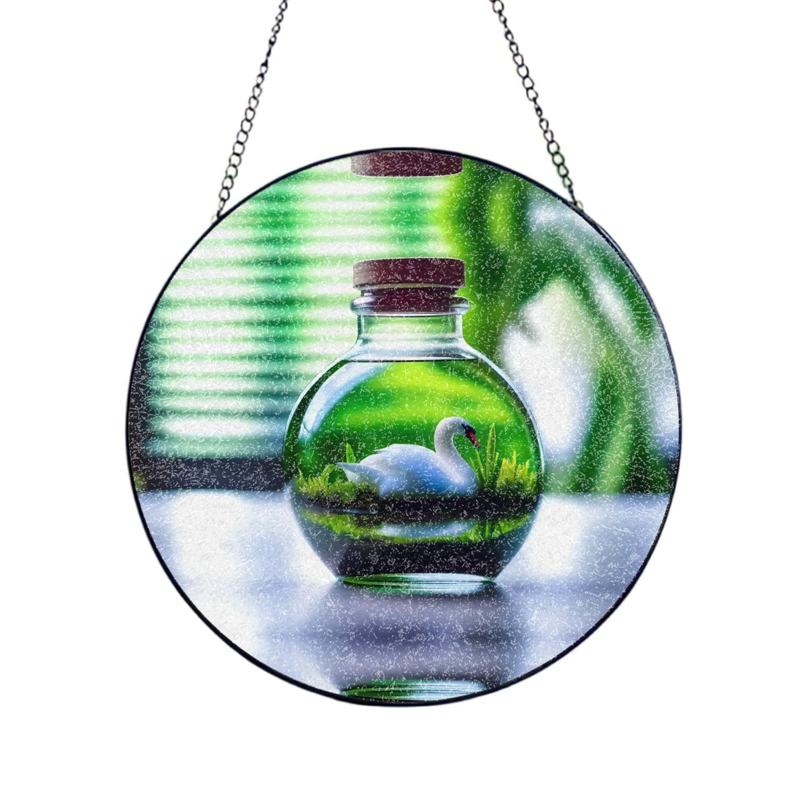 Phayah White Swan In A Bottle Print Stained Glass Window Hanging Sun Catchers Decoration Mother'S Day Birthday Gifts For Home Garden Porch 8in（20cm）