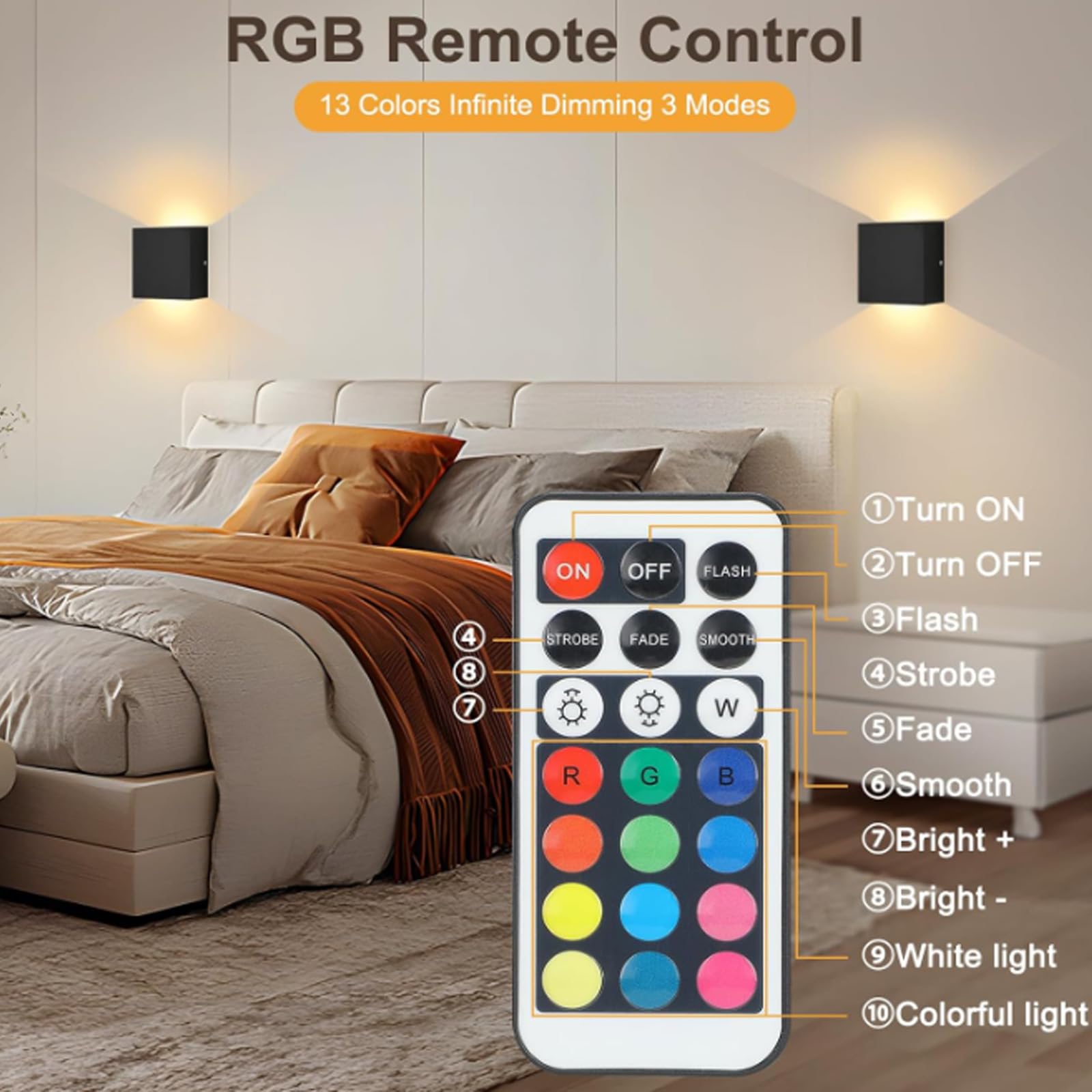 RGB Wandlampe mit Fernbedienung LED Wandleuchte 16 Farben LED Beleuchtung Wandleuchten USB Wiederaufladbare Zimmer Deko Familienfeier Atmosphärenlicht Treppen Wohnzimmer (Weiß,2 Stück)