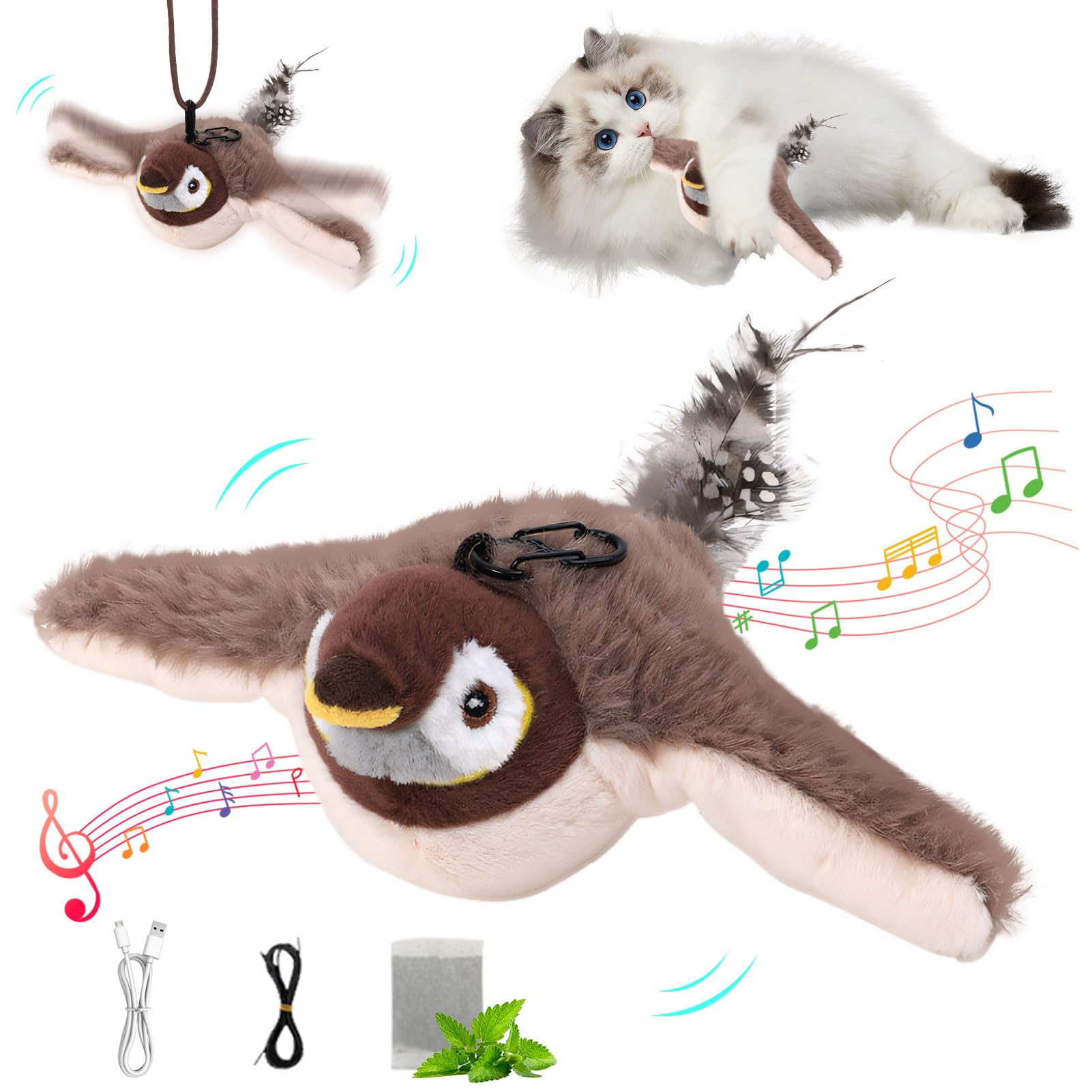 Shunfaji Interactive Cat Toy, Plush Cat Bird Toy, Real Beating and Tweeting Like a Bird, Rechargeable — image 1
