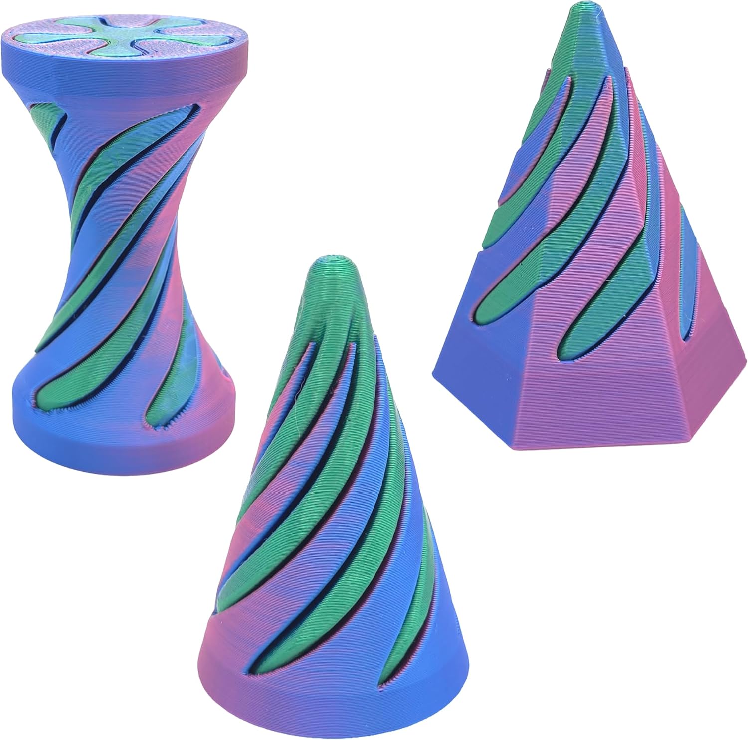 3-Piece Impossible Passthrough Fidget Toy Set – 3D Printed Spiral & Hexagonal Vortex Sculpture – Mesmerizing Kinetic Desk Toy for Stress Relief & Focus – Unique Silk Dual-Color Gift for Adults