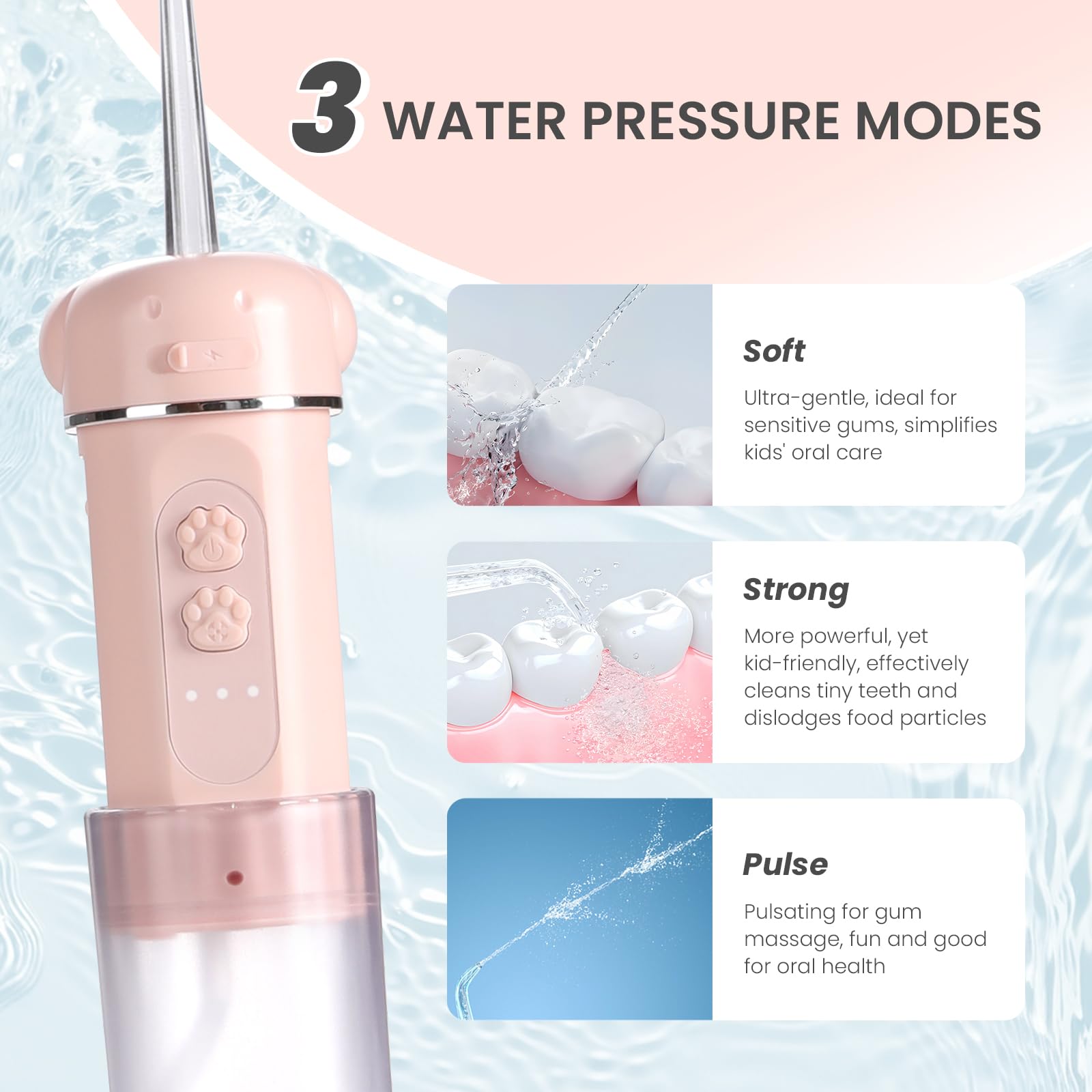 Hydropulseur pour enfants avec 4 embouts de jet étanche, nettoyage en profondeur, rechargeable pour soins des dents