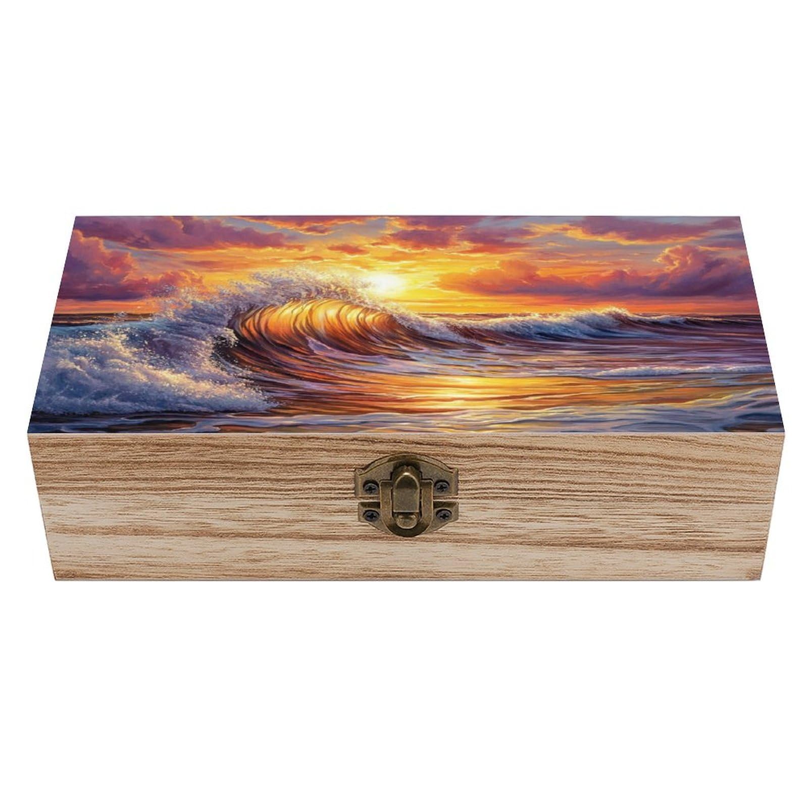 Ahdyr Sunset Waves Wooden Storage Box with Hinged Lid And Front Clasp Large Keepsake Box