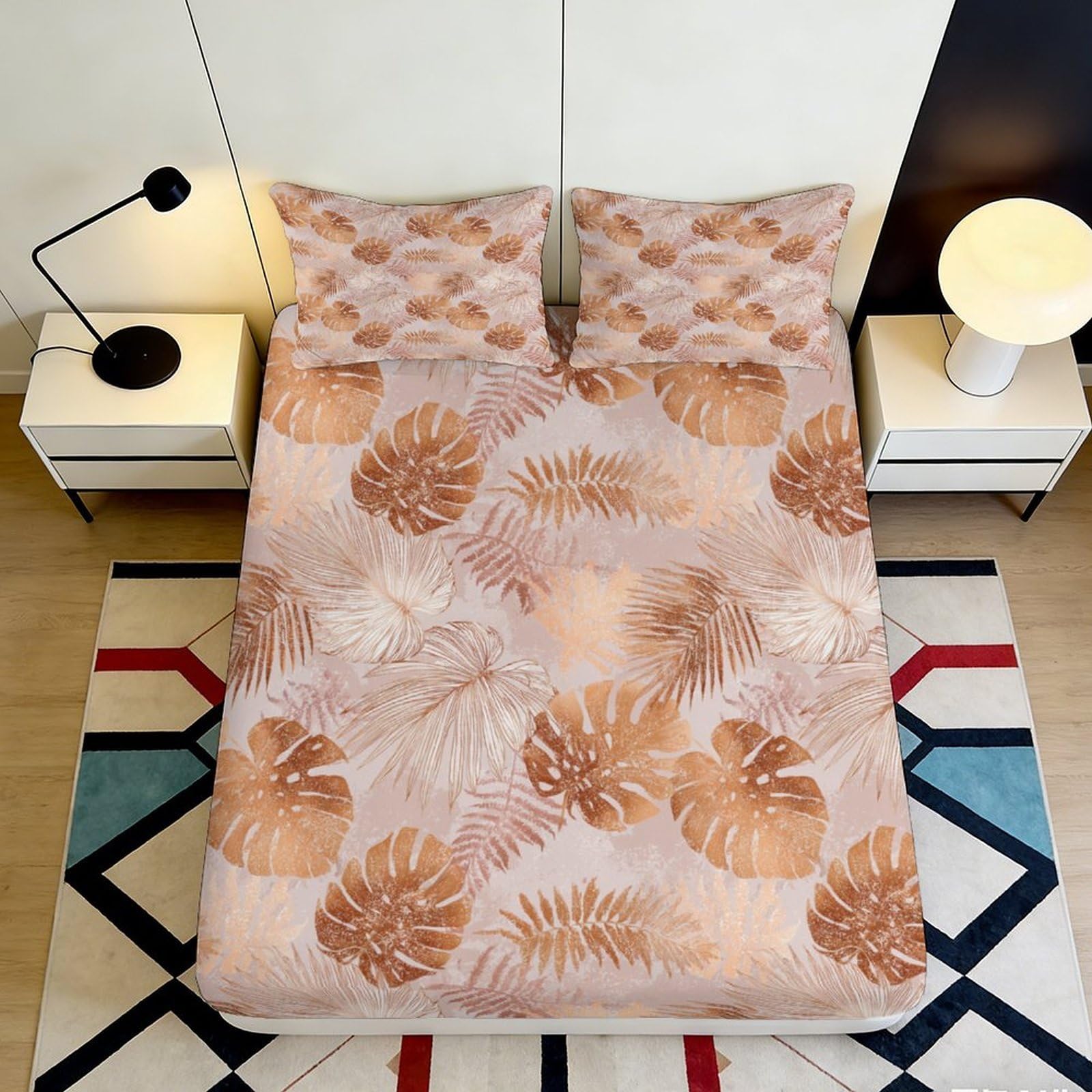 3D Printed Botanical Leaf Fitted Sheet Microfiber Soft Peach Pattern Mattress Cover for Bedroom Guest Room Decor 90x200x25cm