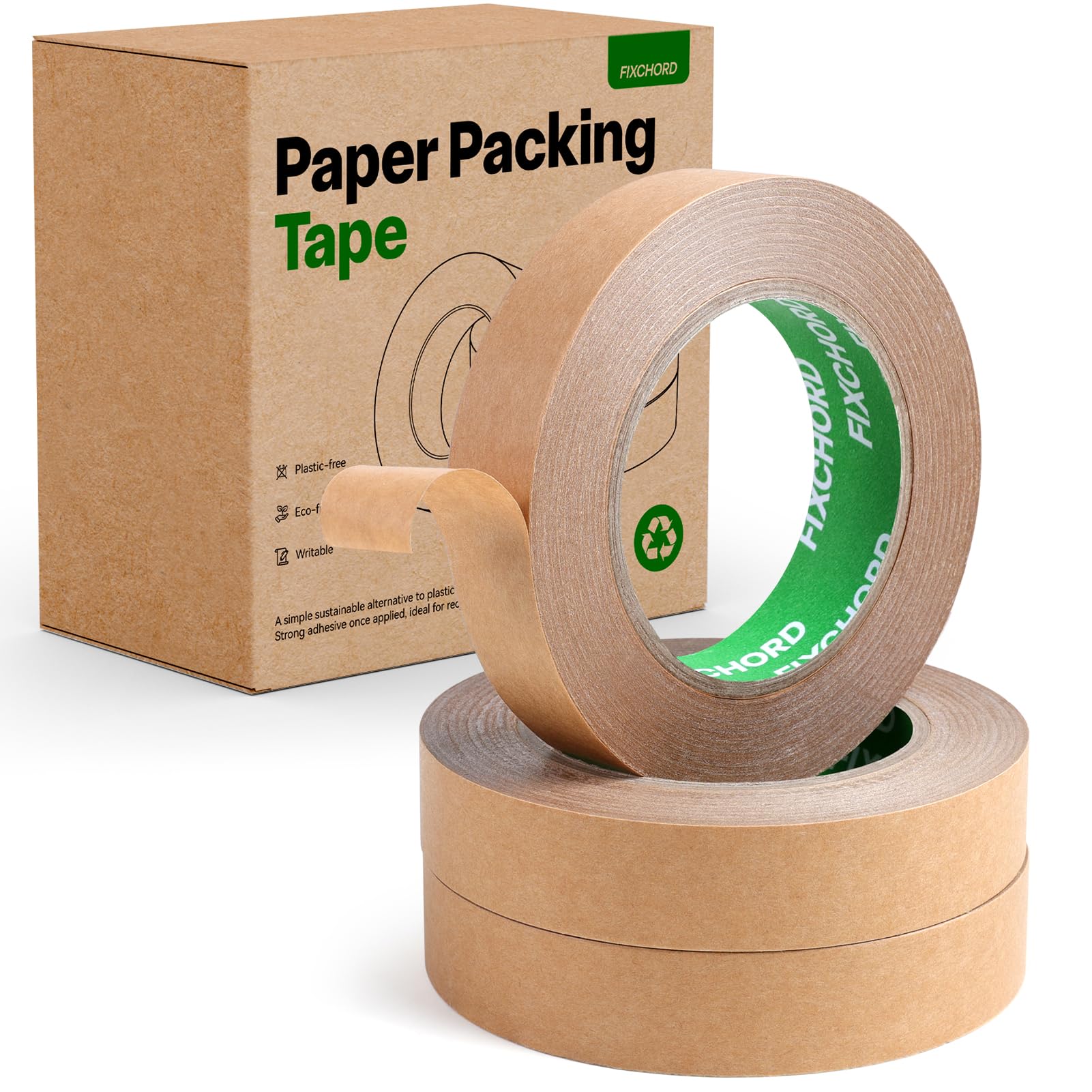 FIXCHORD Kraft Paper Packing Tape 24mm x 50m | Eco Friendly & Recyclable Strong Brown Paper Tape | Writable & Waterproof | Paper Packaging Tape for Packing Parcels and Boxes, Moving House | 3 Rolls