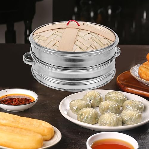 Miniatura 6 de 1 juego de cesta de vapor de acero inoxidable con tapa, vaporizador de bambú de doble oreja para cocinar albóndigas, bollos y verduras, suministros