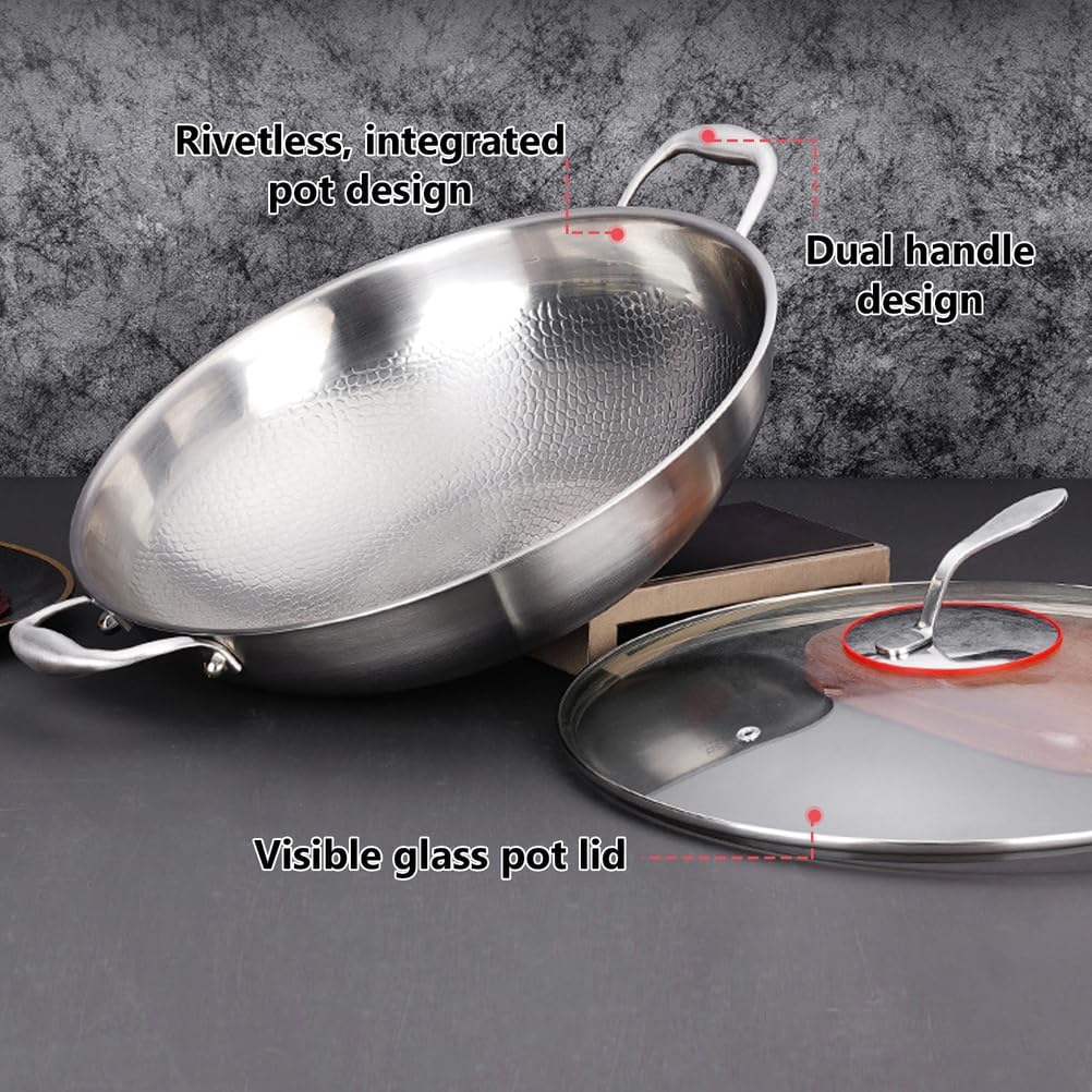 14 Inch Titanium Hammered Wok with Double Handles, Frying Pans Nonstick, Non-Stick Wok, Scratch-Resistant Non Stick Titanium Pans for Cooking,with lid