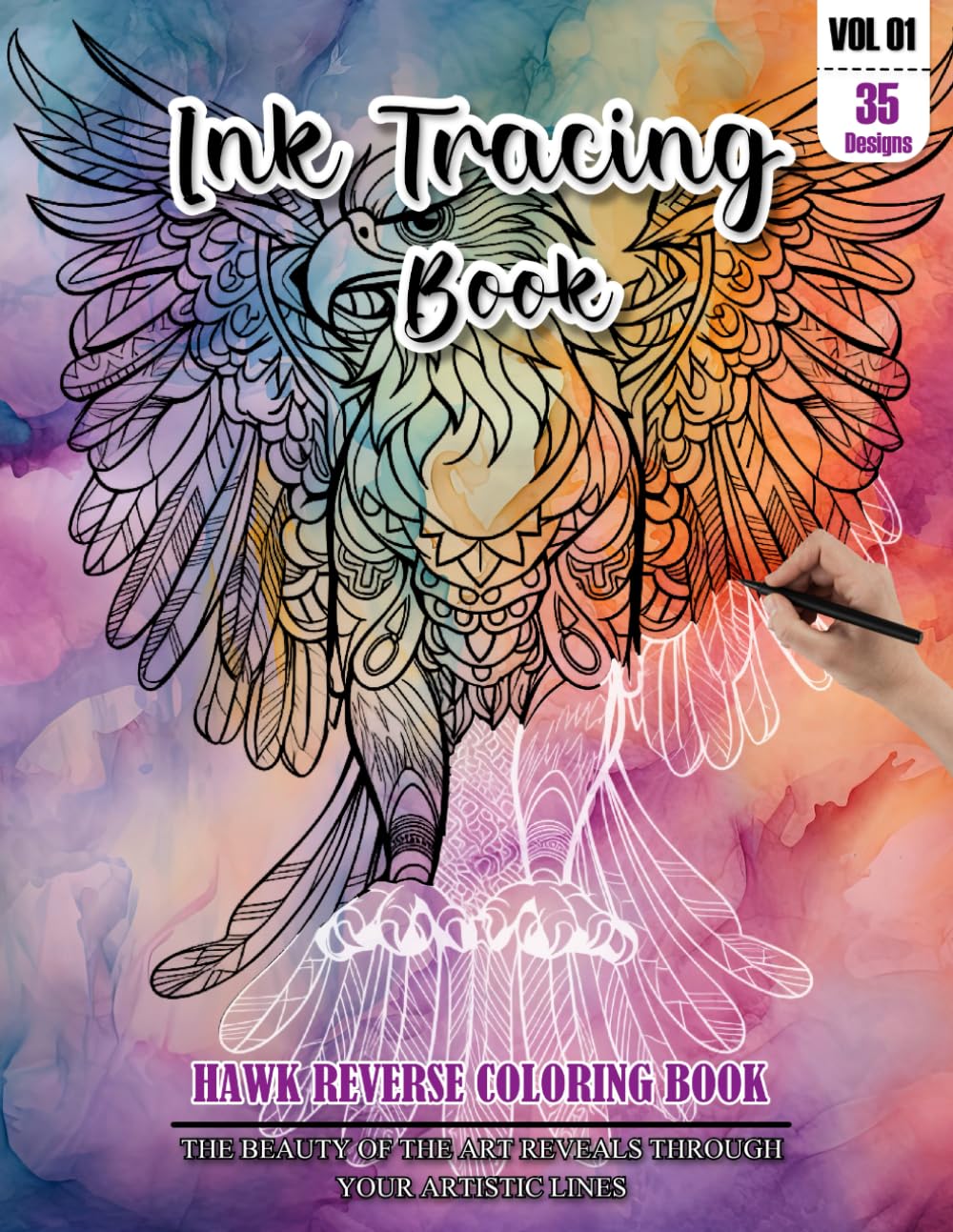 Ink Tracing Book: Stress relief reverse Hawk Coloring Book for adults: mindfully Follow white lines to Uncover 35 cute Hawk arts | Magical Ink Trace ... color pages a perfect gift for Birds lovers