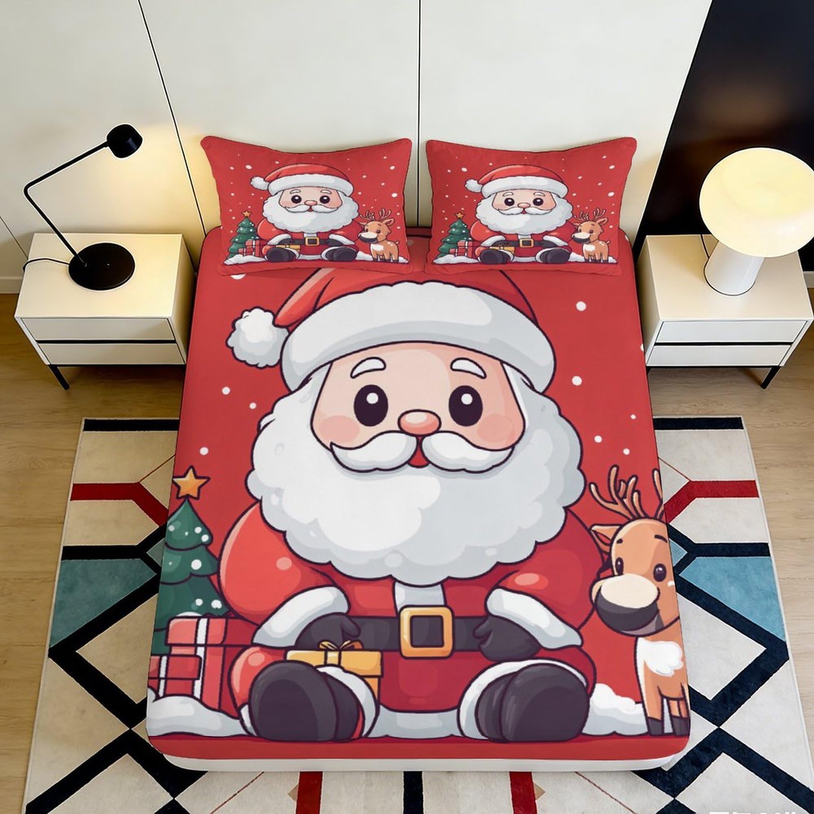 3D Printed Santa Claus Fitted Sheet Microfiber Soft Breathable Christmas Bed Cover with Reindeer Pattern for Bedroom Dormitory Guest Room Mattress Protection 140x200x25cm