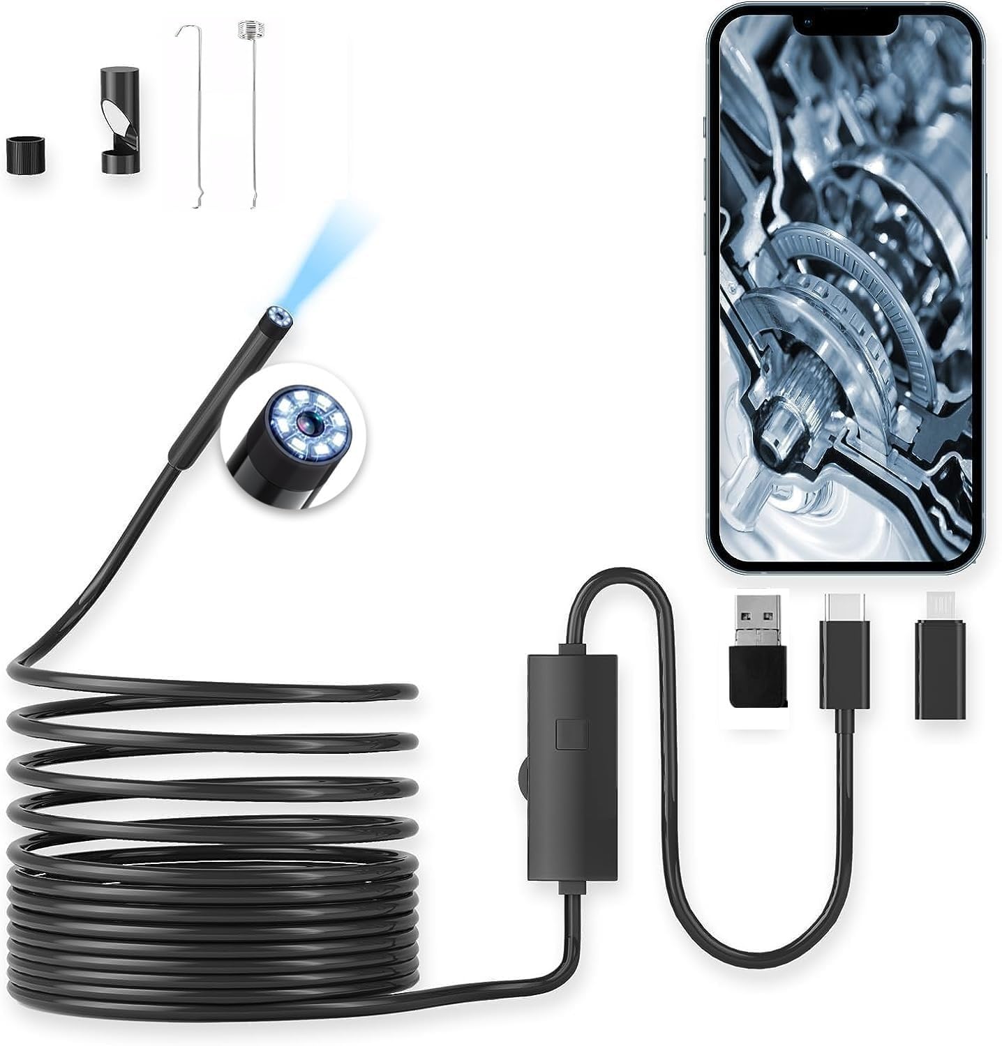 VPGS Non WiFi Endoscope Camera with Light | 720P HD Borescope with 8 Lights | Waterproof 6.5FT Semi-Rigid Cord for Pipe Inspection | Industrial Endoscope for Phones