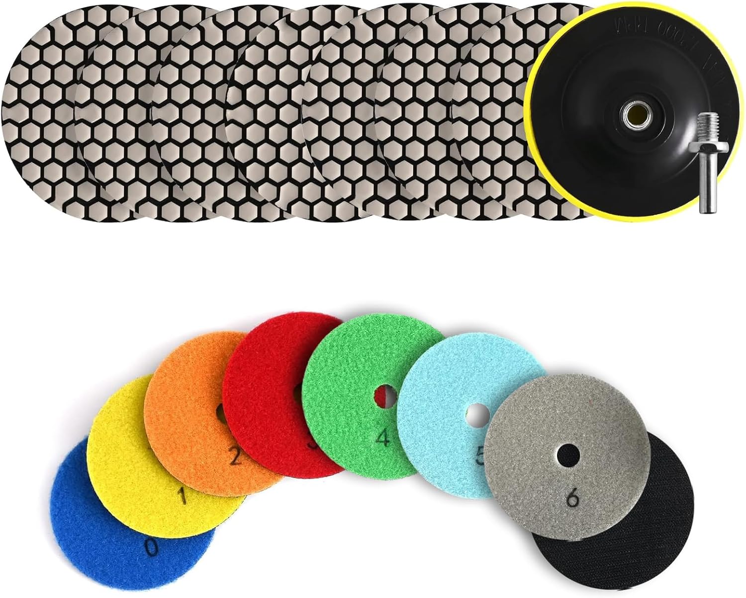 4-Inch Dry Diamond Polishing Pads 8 Pack Dry (7pcs,Grits 30#-10000#)with 1PCS 5/8’’-11 Backer Pads Concrete Diamond Sanding Discs Marble Granite Stone Polishing Kit
