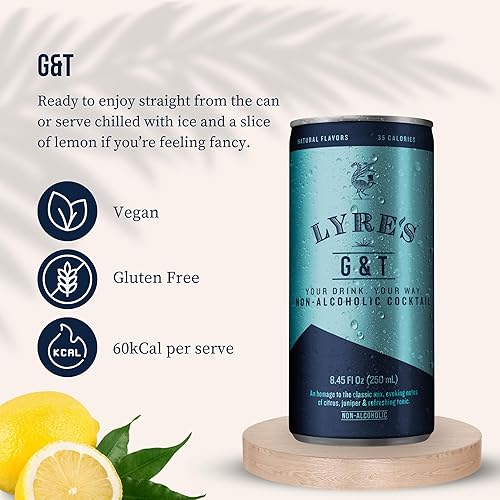 Miniatura 3 de Lyre's G&T sin alcohol, paquete de 4 unidades, ginebra y tónica sin alcohol lista para beber, cóctel sin alcohol bajo en calorías, alternativa de