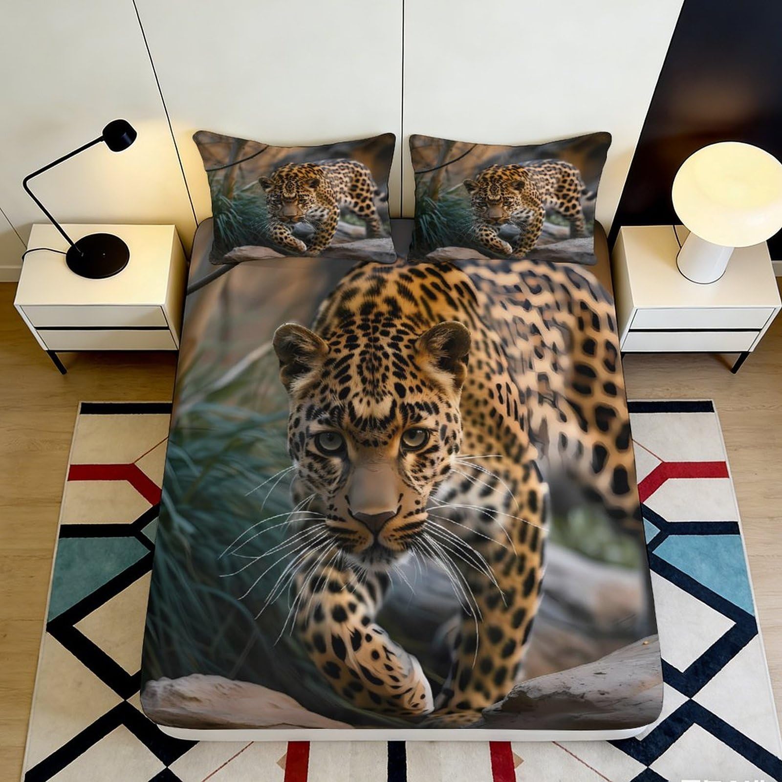 3D Printed Leopard Pattern Fitted Sheet Microfiber Soft Breathable Wild Cat Bed Cover for Bedroom Dormitory Guest Room Mattress Protection Decor 160x200x25cm
