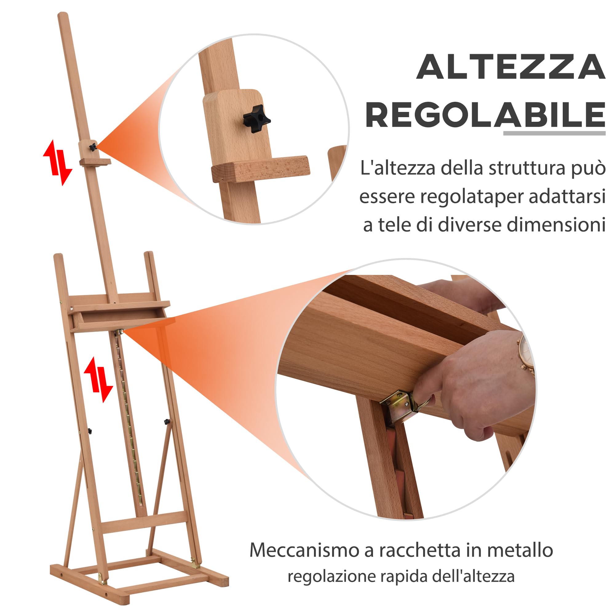 HOMCOM Cavalletto Pittura Regolabile in Legno di Faggio, Cavalletto Treppiede con Vano Contenitore per Dipingere su Tela, Portatile per Studio, Artisti e Pittori, Color Legno
