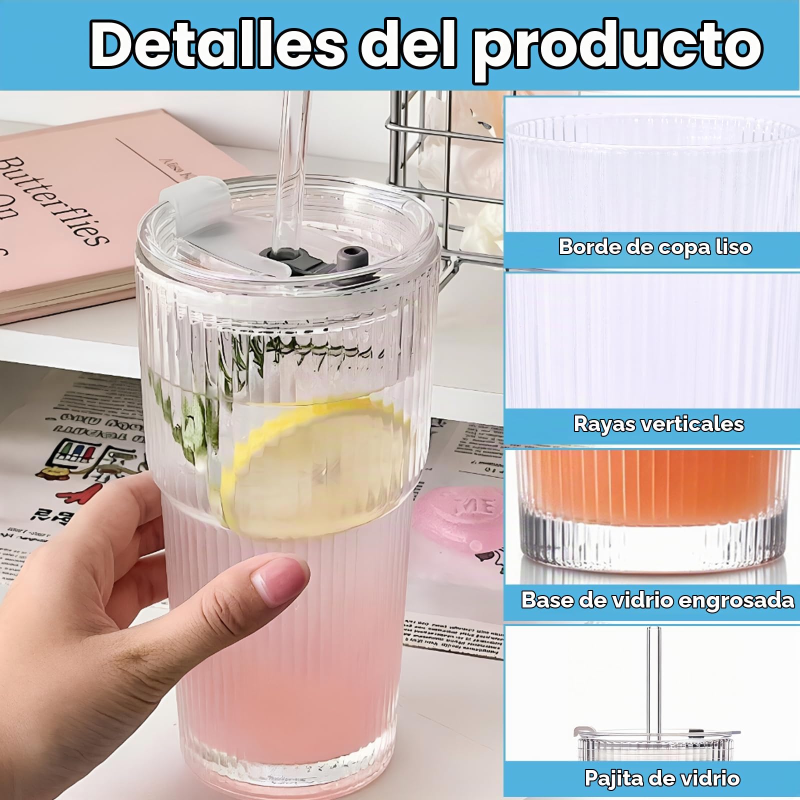 2 Piezas Vasos de Vidrio con Tapa y Pajita, 600ml Vaso Cristal Transparente Diseño a Rayas con Popotes y Cepillo, Vasos Reutilizables para Café Helado, Batidos, Jugo, Cócteles, Cerveza