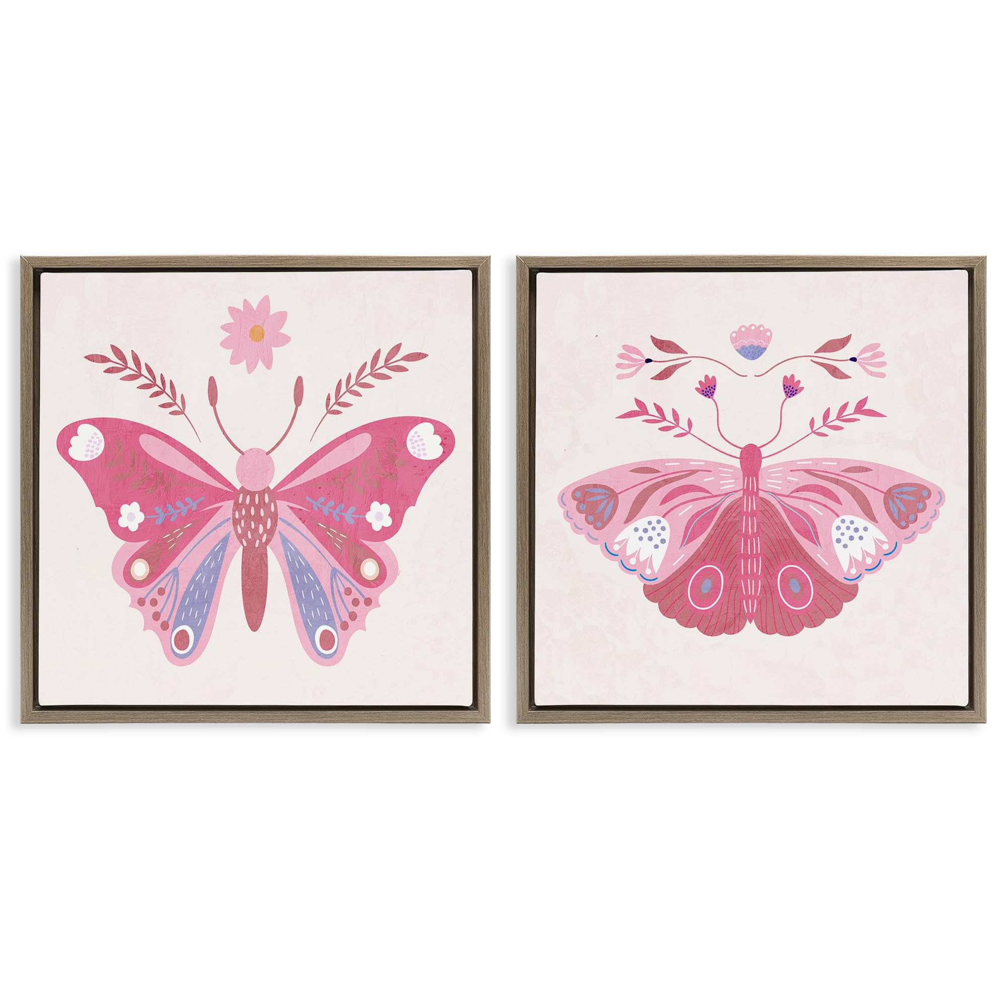 Stupell Industries Montalcino Elm (Textured) Pink Folk Butterflies Boho, 17 X 17 Inch Canvas In Floater Frame Set