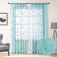 Vista 19 de HOMEIDEAS Cortinas traslúcidas amarillas de 84 pulgadas de largo, 2 paneles de cortinas bordadas con patrón floral amarillo y blanco, cortinas