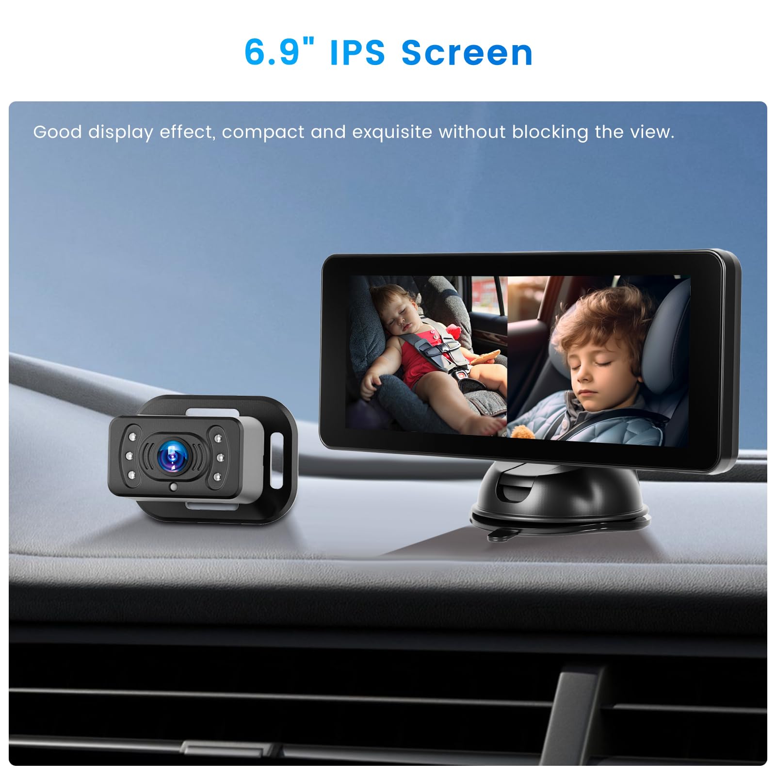Inefala Telecamera per Auto per 2 Bambini, Schermo Diviso 6,86 Pollici Schermo IPS HD con Doppia Telecamera, Visione Notturna IR e Rotazione a 360°, Facile Installazione, Compatibile con Tutte Le Auto