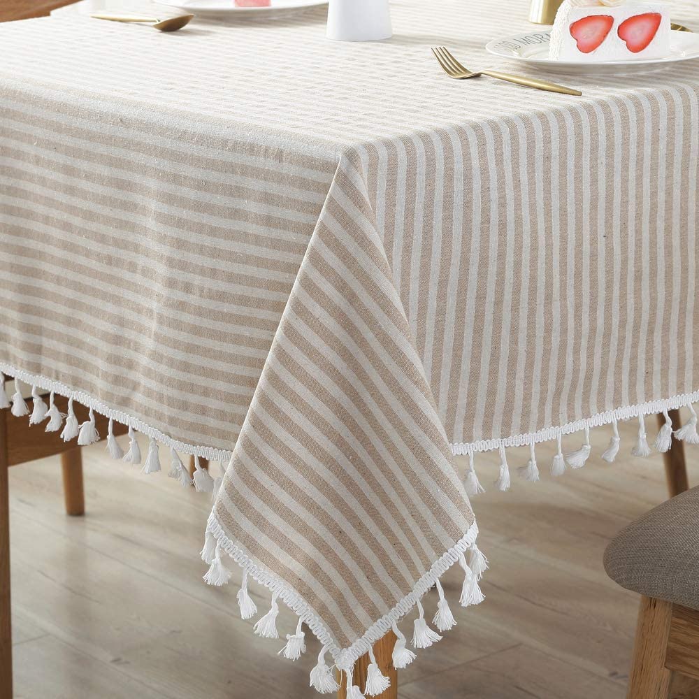 TruDelve Cotton Table Cloth Square Table Beige Striped Tablecloths Fall Outdoor Tablecloth for Picnic Table Cover (Beige,55"x55",Square)