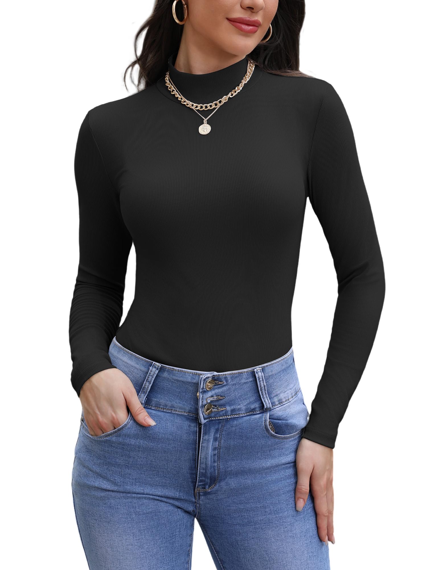 TAKEYAL Langarmshirt Damen，Rollkragenpullover Dünne Pullover Damen Basic Oberteile Stretch T-Shirt Fit Einfarbige Tops