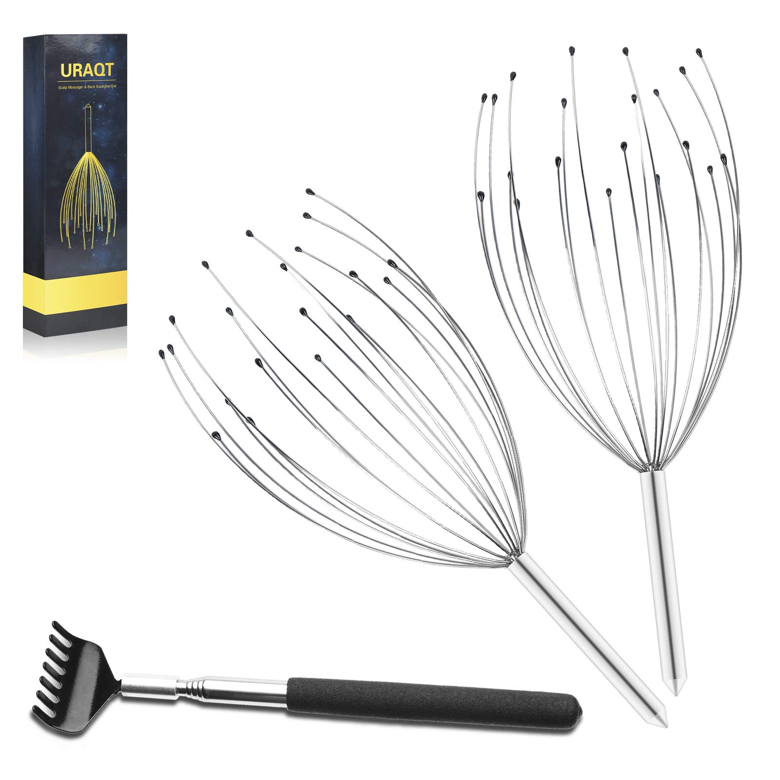 URAQT Kit de Masajeador de Cabeza y Espalda, 2+1 pack Masajeador de Cuero Cabelludo con Rascadores Telescópicos Espalda, Premium Araña de Masaje con 20 dedos para Aliviar el Estrés y Sentirse Relajado
