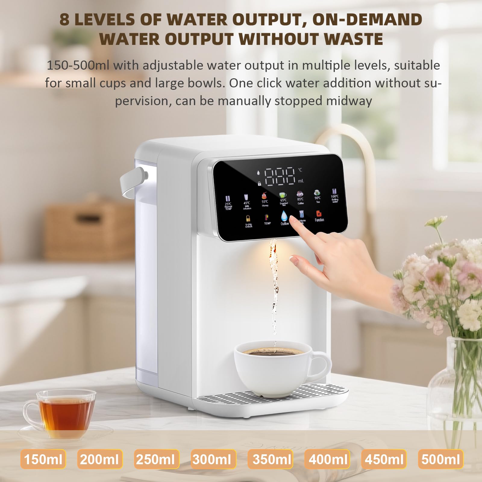 Distributeur d'eau chaude 2000W, Chauffage Rapide, 7 Réglages de Température, 8 Réglages de Volume, Écran Tactile, 3L pour cuisine bureau