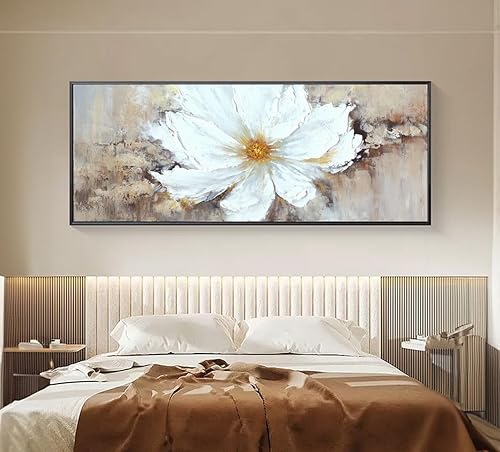 Miniatura 3 de Pintura al óleo de flores blancas pintadas a mano para dormitorio, arte de pared floral grande con marco negro para sala de estar, pintura de pared