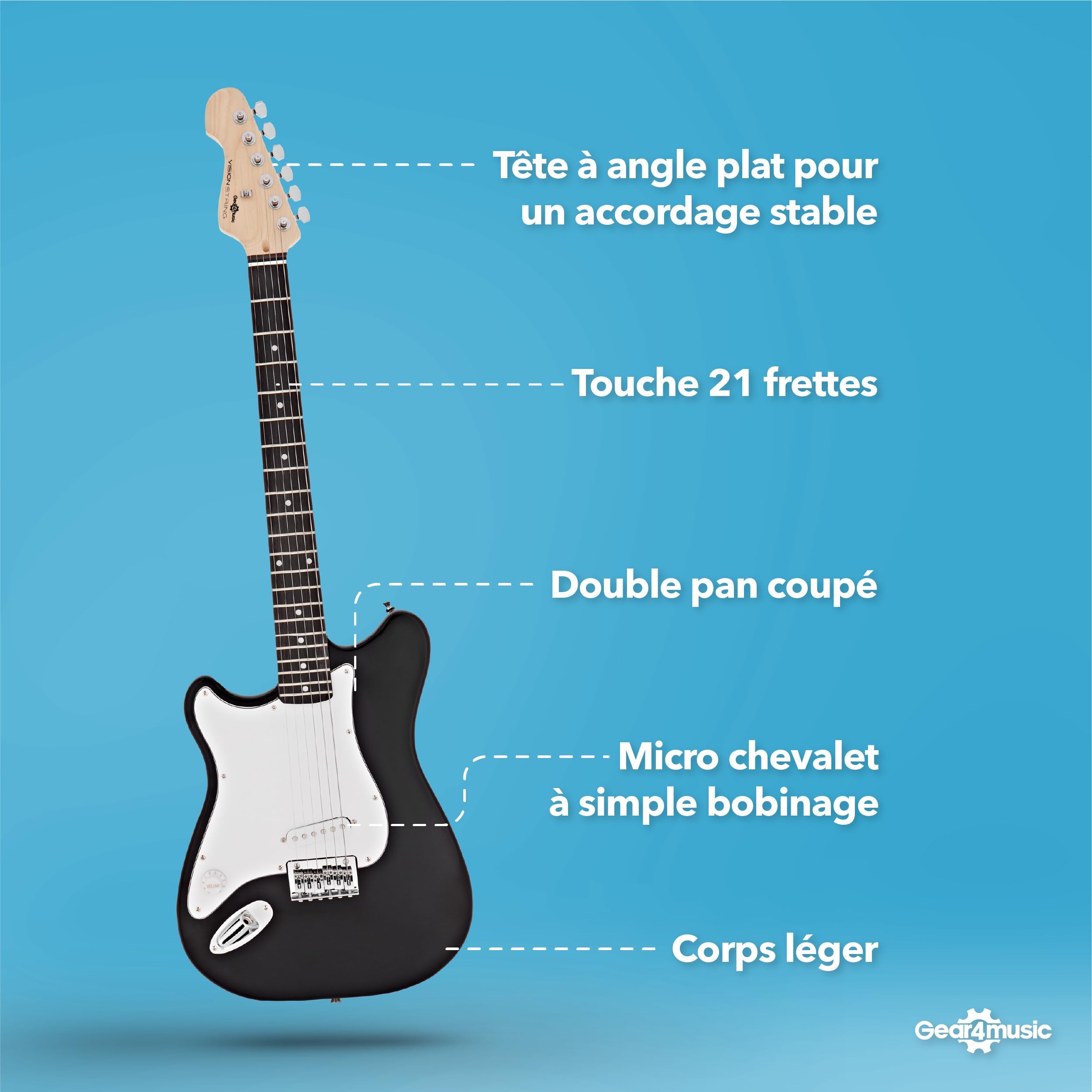 VISIONSTRING Kit Guitare Electrique 3/4 pour Gaucher avec Ampli 10W et Accessoires - Pack Complet Noir