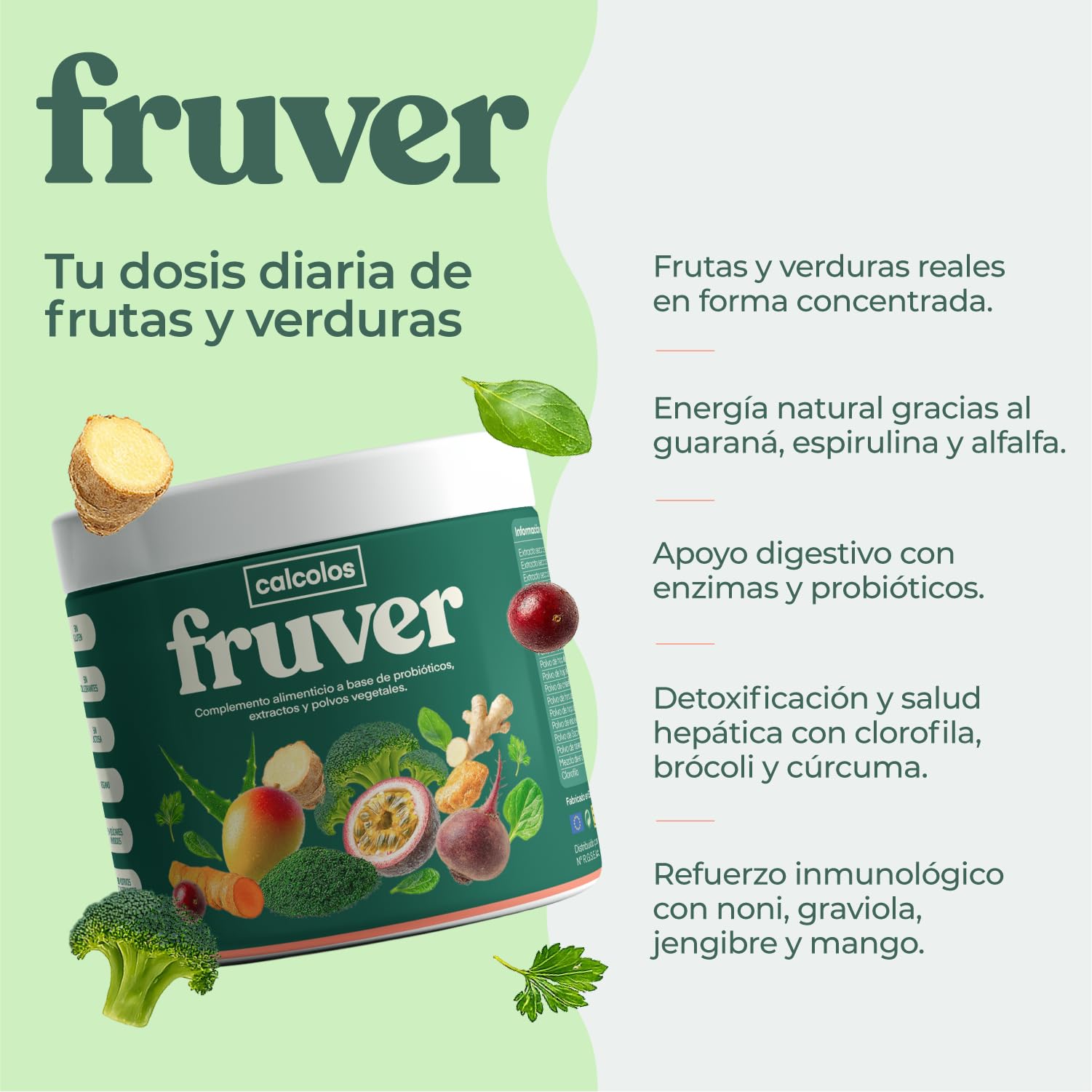 Fruver Super Greens en Polvo – Jugo Verde con 19 Superalimentos Naturales | Spirulina, Cúrcuma, Aloe Vera y Probióticos | Digestión Ligera, Energía y Vitalidad | Sin Azúcares Añadidos